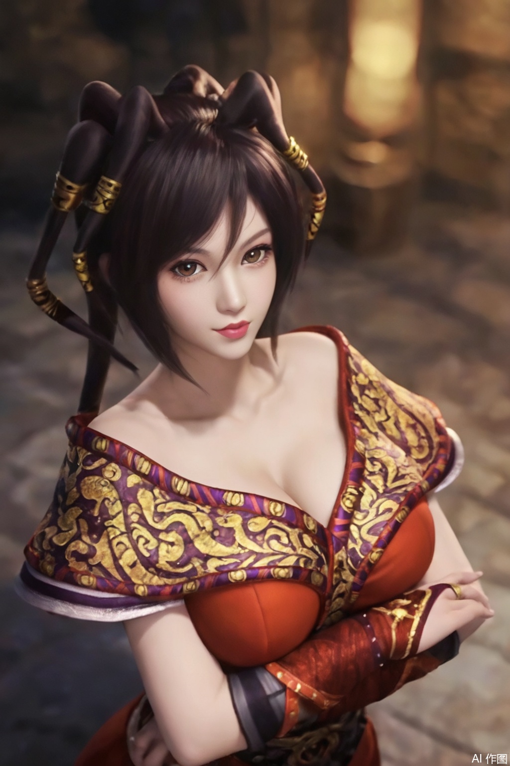 score_9_up , ,ChiLian1girl, solo, breasts, looking at viewer, large breasts, black hair, hair ornament, dress, animal ears, cleavage, brown eyes, jewelry, upper body, crossed arms, ring,