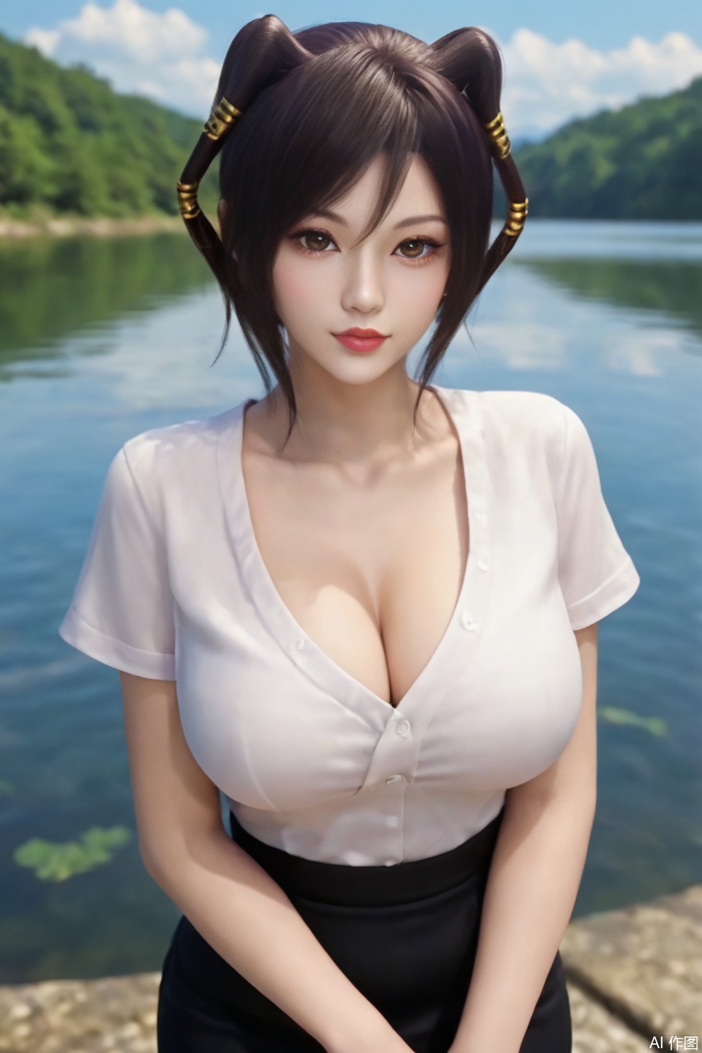 score_9_up , ,ChiLian,1girl, solo, breasts, looking at viewer, large breasts, black hair, hair ornament, white shirt,pencil skirt, cleavage, brown eyes, jewelry, lake,blue sky, ring,