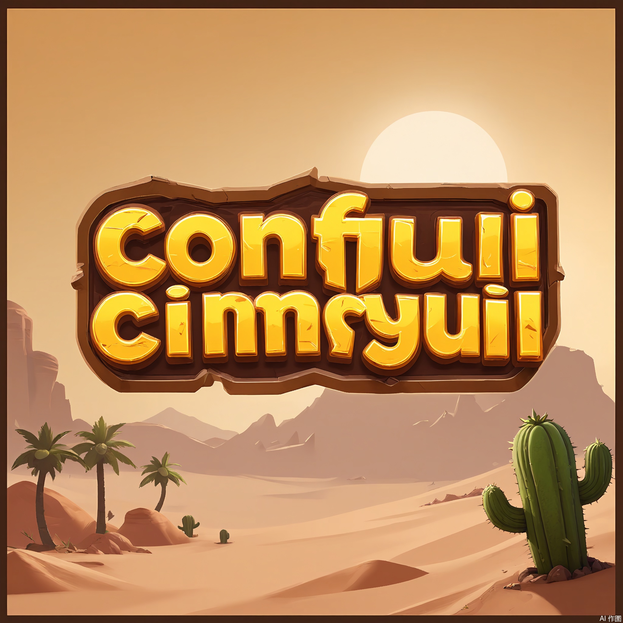 YXLG, Digital artwork displaying the game logo "DESERT DINOS" in a rugged, cartoonish font. The text is in a sandy beige with a 3D effect that makes it look like it's been carved into the desert sand. The background is a golden yellow and orange gradient with a cactus - shaped brown border. Inside the cactus are dinosaurs with desert - themed accessories, and in the center is an oasis with a palm tree. It has a playful and prehistoric - desert feel.
