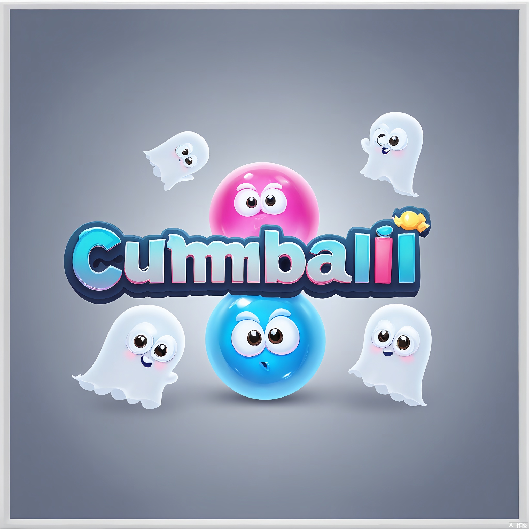 YXLG, Digital artwork featuring the game logo "GHOST GUMBALLS" in a spooky - cute, cartoonish font. The text is in a pale blue with a 3D effect that makes it seem to float. The background is a black and gray gradient with a ghost - shaped white border. Inside the ghost are gumballs with ghost faces, and in the center is a large, glowing gumball. It has a fun and slightly eerie feel.
