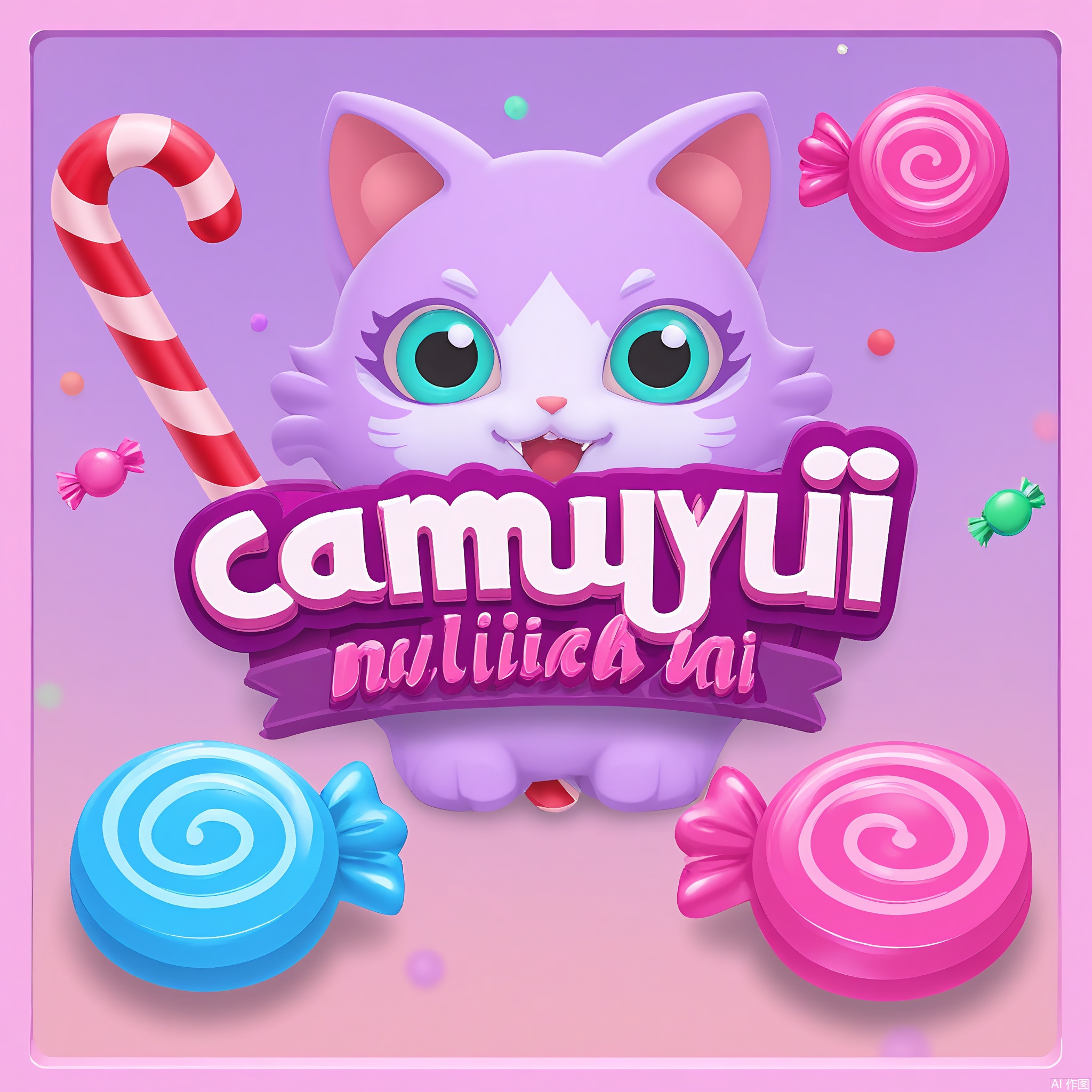 YXLG, Digital artwork showcasing the game logo "CANDY CATS" in a sweet, cartoonish font. The text is in a pastel pink with a 3D effect that makes it look like it's made of candy. The background is a light purple and white gradient with a cat - shaped pink border. Inside the cat are cats with candy - colored fur, playing with lollipops, and in the center is a giant candy cane. It has a cute and sugary - sweet feel.

