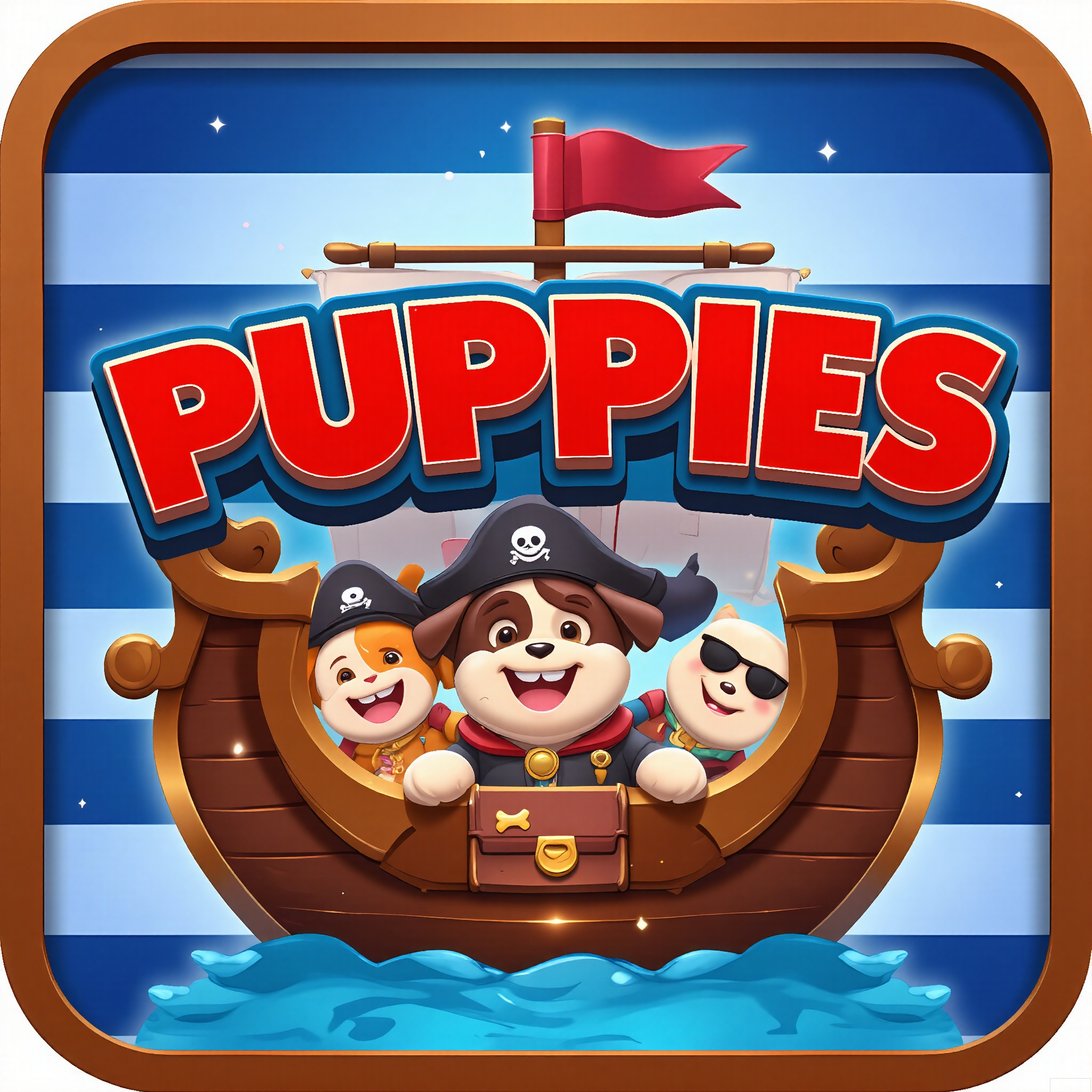 YXLG, Digital artwork presenting the game logo "PIRATE PUPPIES" in a swashbuckling, cartoonish font. The text is in a bold red with a 3D effect that makes it stand out like a pirate flag. The background is a navy blue and white striped gradient with a ship - shaped brown border. Inside the ship are puppies with pirate hats and eye - patches, and in the center is a dog bone treasure chest. It has a fun and pirate - themed feel.

