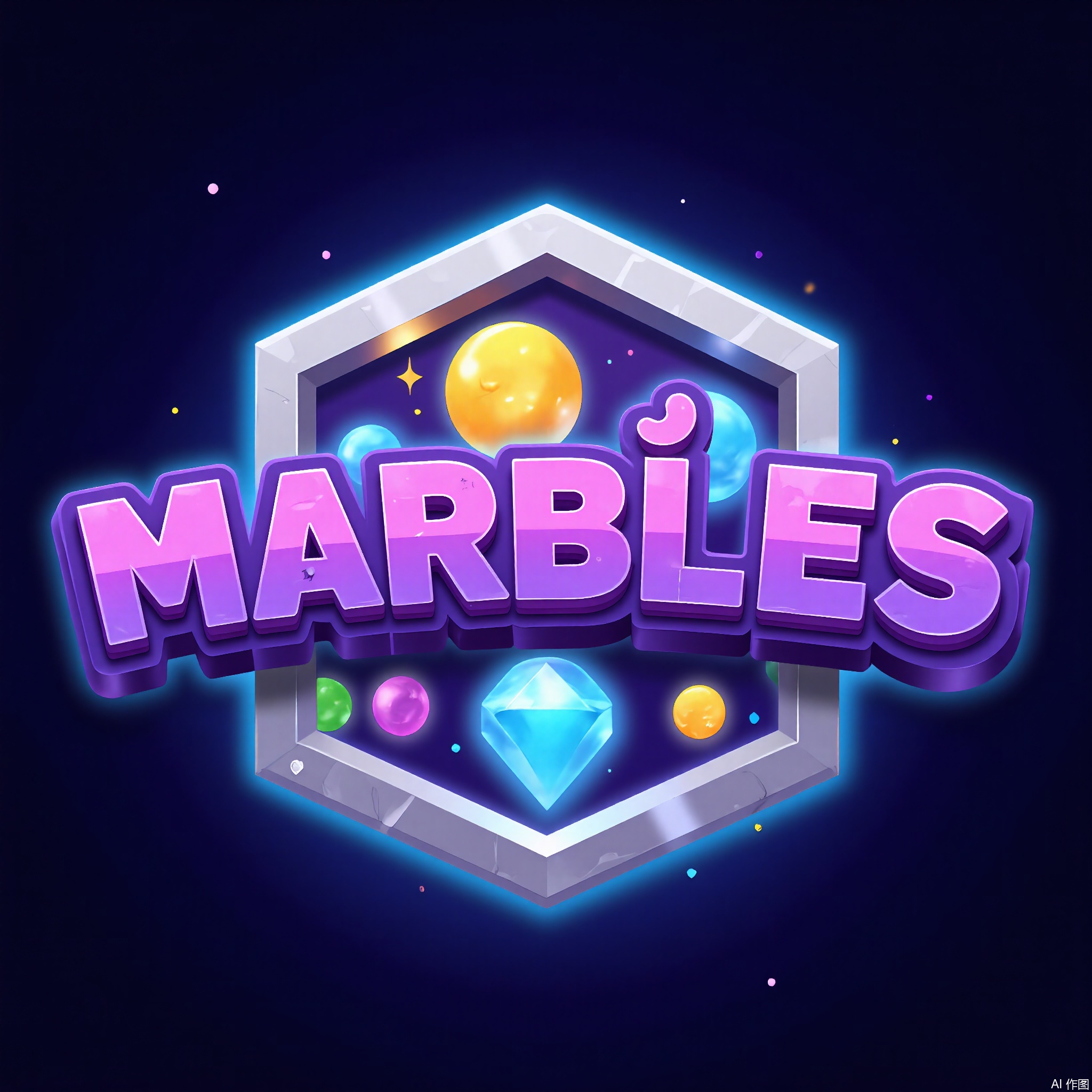 YXLG, Digital artwork showcasing the game logo "MAGIC MARBLES" in a whimsical, cartoonish font. The text is in a vivid purple with a 3D effect, giving it an otherworldly pop. The background is a deep navy blue gradient with a hexagonal silver border. Inside the hexagon are marbles of various colors swirling around, and at the center is a small, glowing crystal marble. The design exudes a playful and magical vibe.







