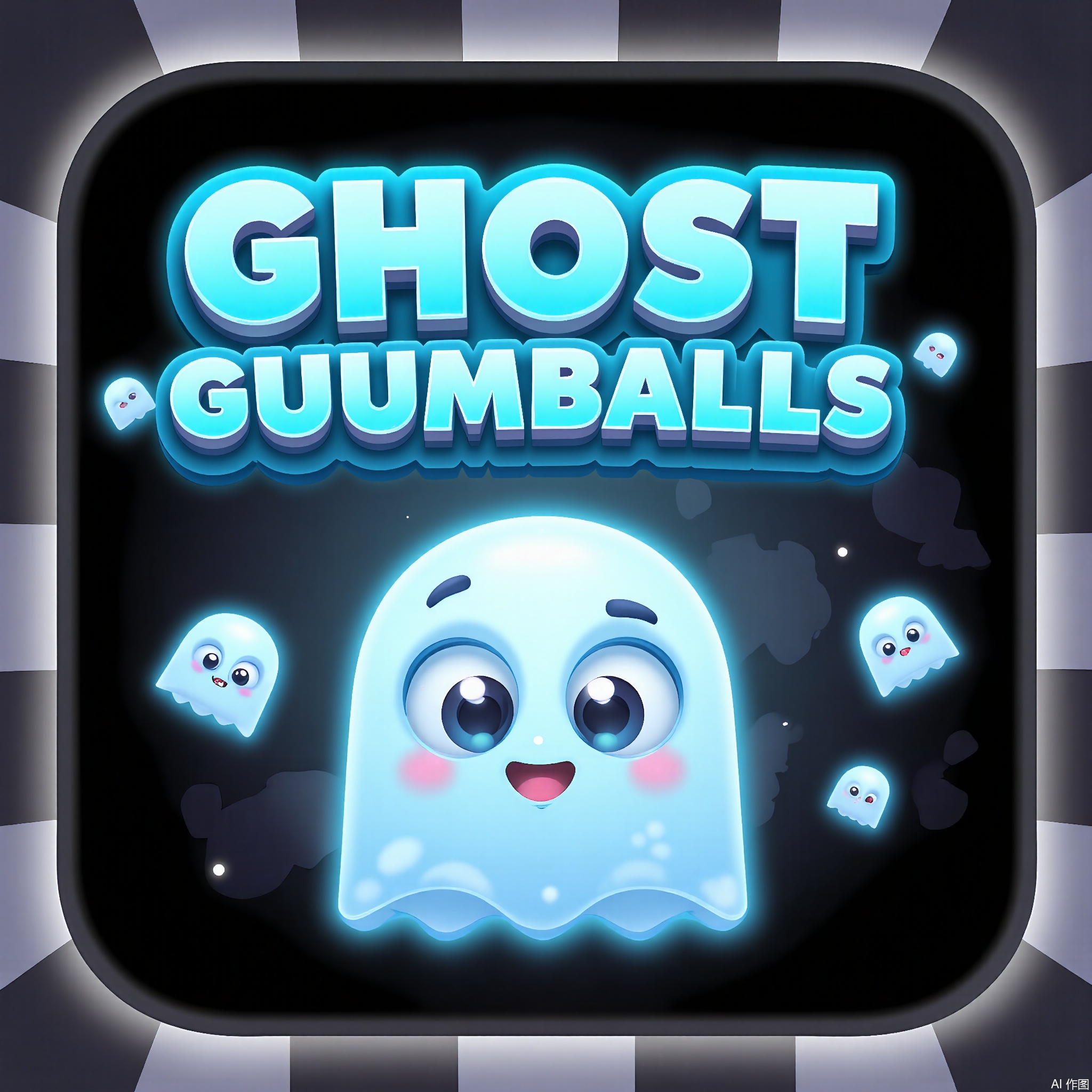 YXLG, Digital artwork featuring the game logo "GHOST GUMBALLS" in a spooky - cute, cartoonish font. The text is in a pale blue with a 3D effect that makes it seem to float. The background is a black and gray gradient with a ghost - shaped white border. Inside the ghost are gumballs with ghost faces, and in the center is a large, glowing gumball. It has a fun and slightly eerie feel.







