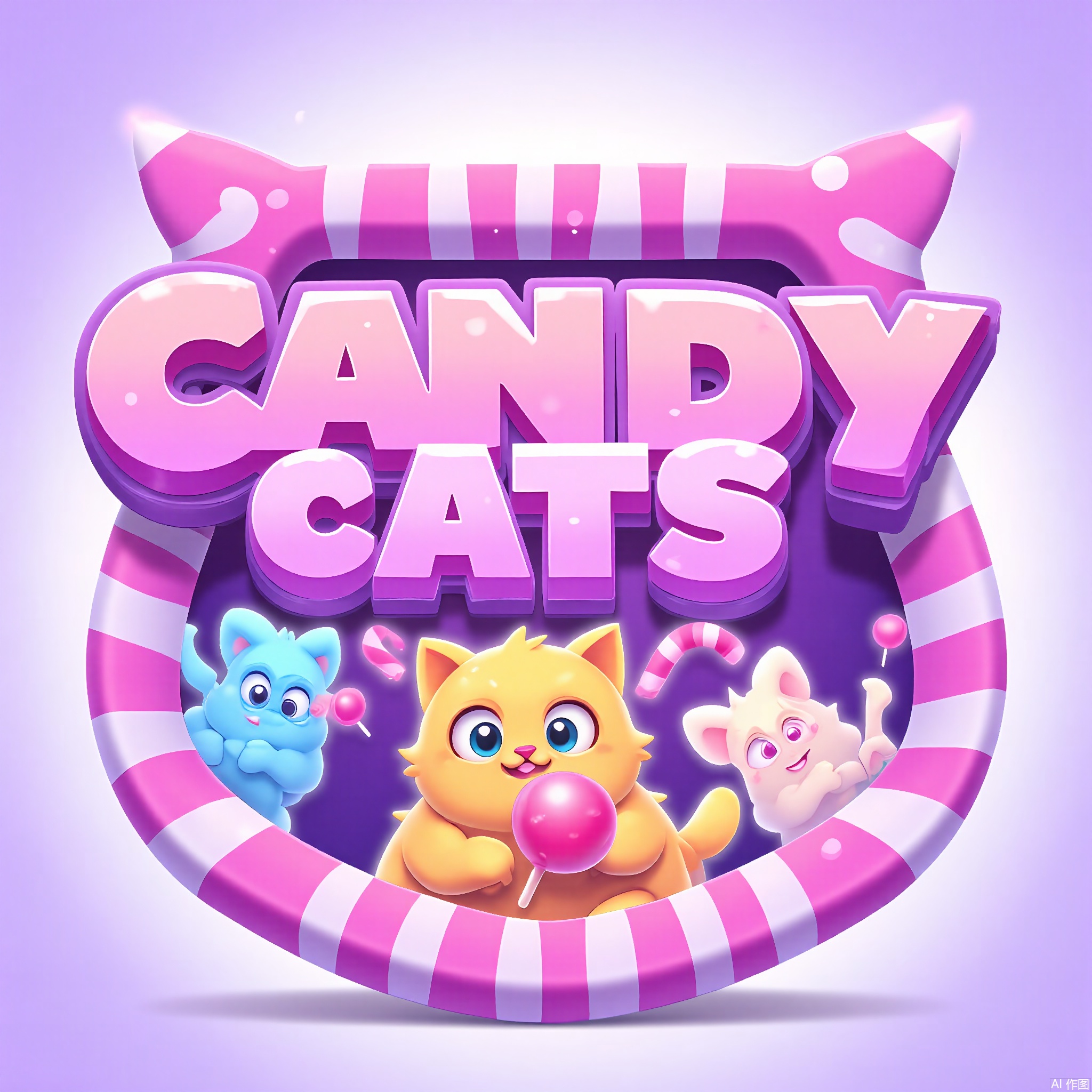 YXLG, Digital artwork showcasing the game logo "CANDY CATS" in a sweet, cartoonish font. The text is in a pastel pink with a 3D effect that makes it look like it's made of candy. The background is a light purple and white gradient with a cat - shaped pink border. Inside the cat are cats with candy - colored fur, playing with lollipops, and in the center is a giant candy cane. It has a cute and sugary - sweet feel.







