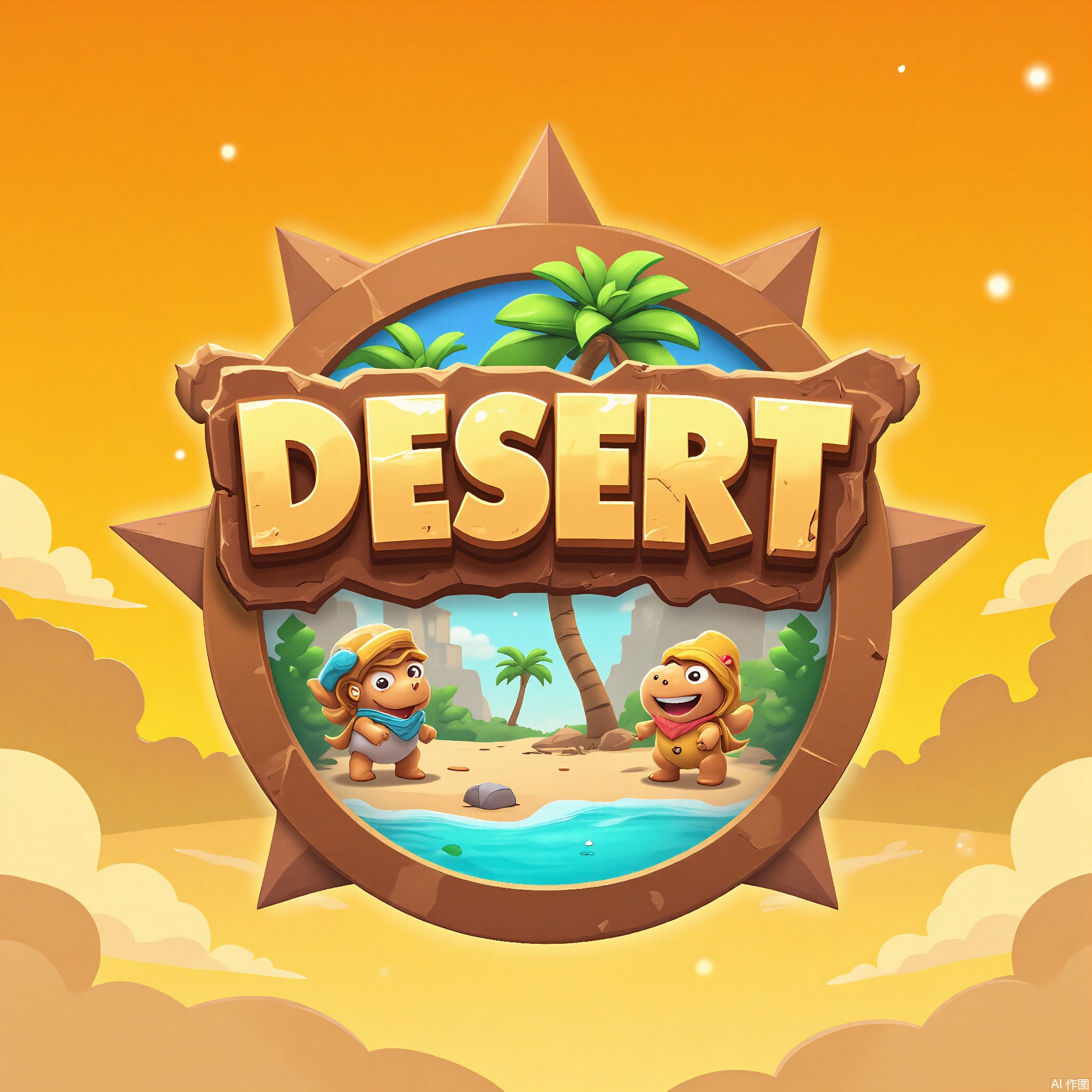 YXLG, Digital artwork displaying the game logo "DESERT DINOS" in a rugged, cartoonish font. The text is in a sandy beige with a 3D effect that makes it look like it's been carved into the desert sand. The background is a golden yellow and orange gradient with a cactus - shaped brown border. Inside the cactus are dinosaurs with desert - themed accessories, and in the center is an oasis with a palm tree. It has a playful and prehistoric - desert feel.



