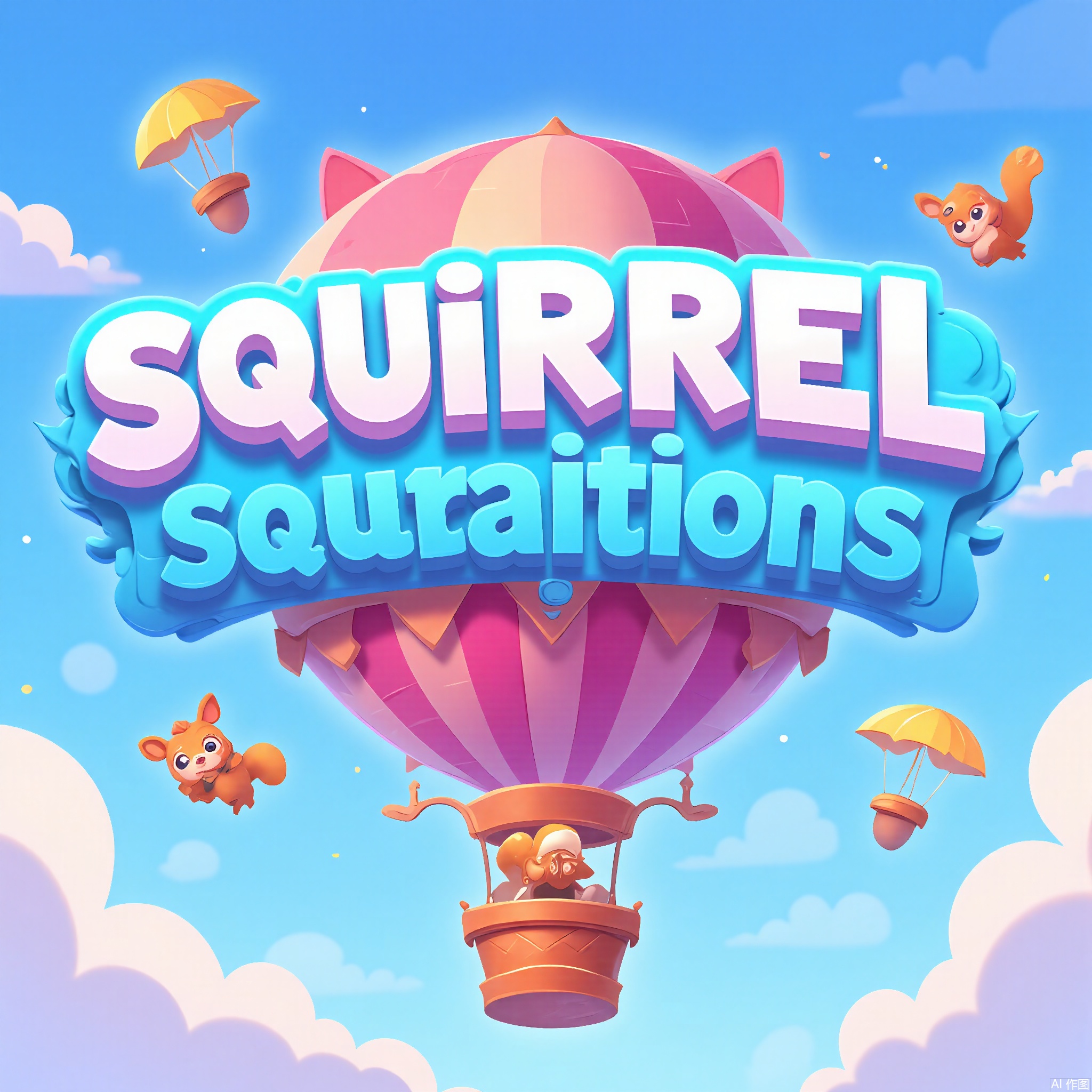 YXLG, Digital artwork highlighting the game logo "SKY SQUIRRELS" in an adventurous, cartoonish font. The text is in a light blue and white color with a 3D effect that makes it look like it's soaring through the sky. The background is a soft blue and white cloud - filled gradient with a hot - air - balloon - shaped pink border. Inside the balloon are squirrels with parachutes and flying nuts, and in the center is a floating acorn. It has a fun and aerial - adventure feel.





