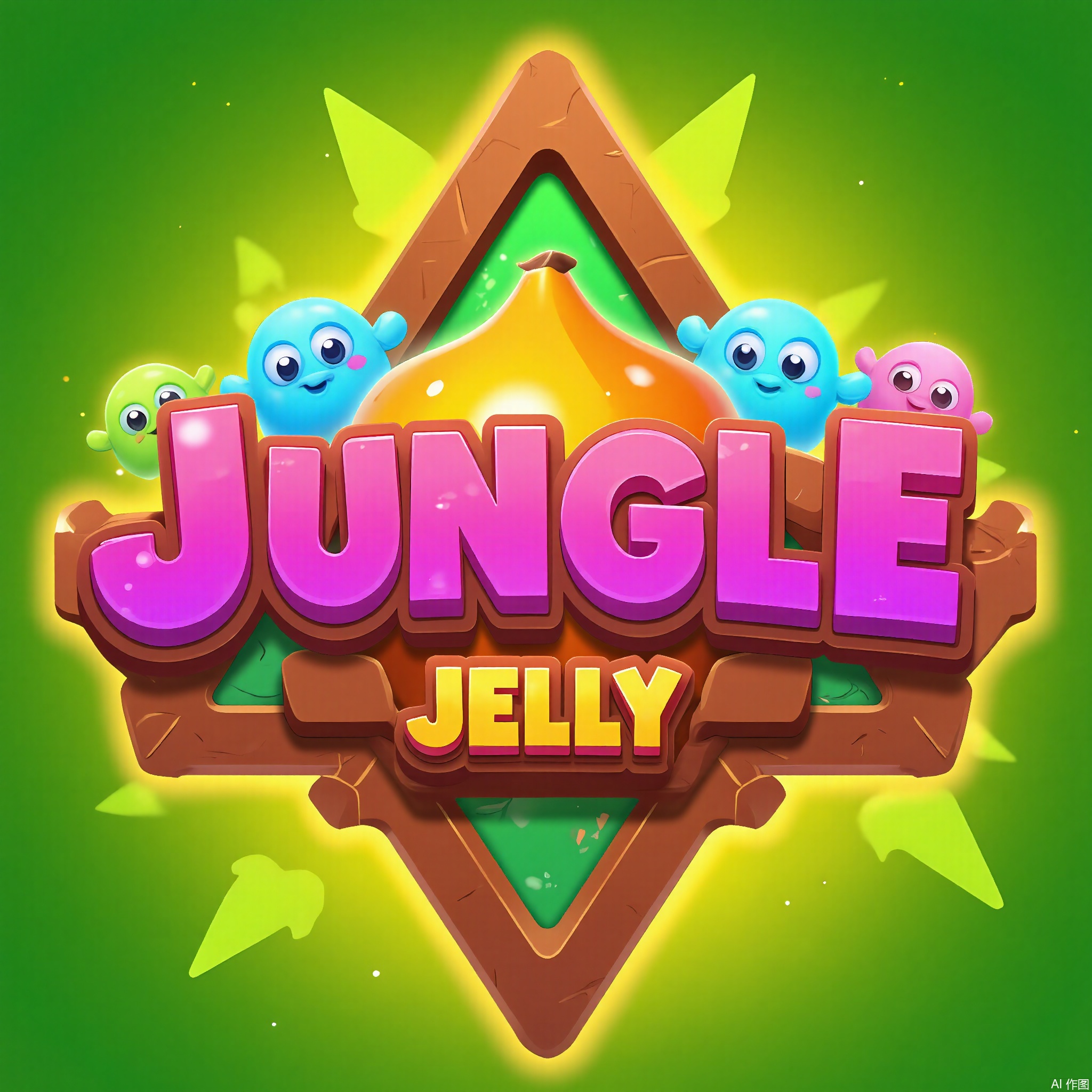 YXLG, Digital artwork presenting the game logo "JUNGLE JELLY" in a lively, cartoonish font. The text is in a hot pink with a 3D effect that makes it look like it's made of jelly. The background is a forest green and yellow gradient with a triangular brown border. Inside the triangle are jelly - like creatures in different colors, and at the center is a large, juicy fruit. The overall design is vibrant and full of jungle fun.









