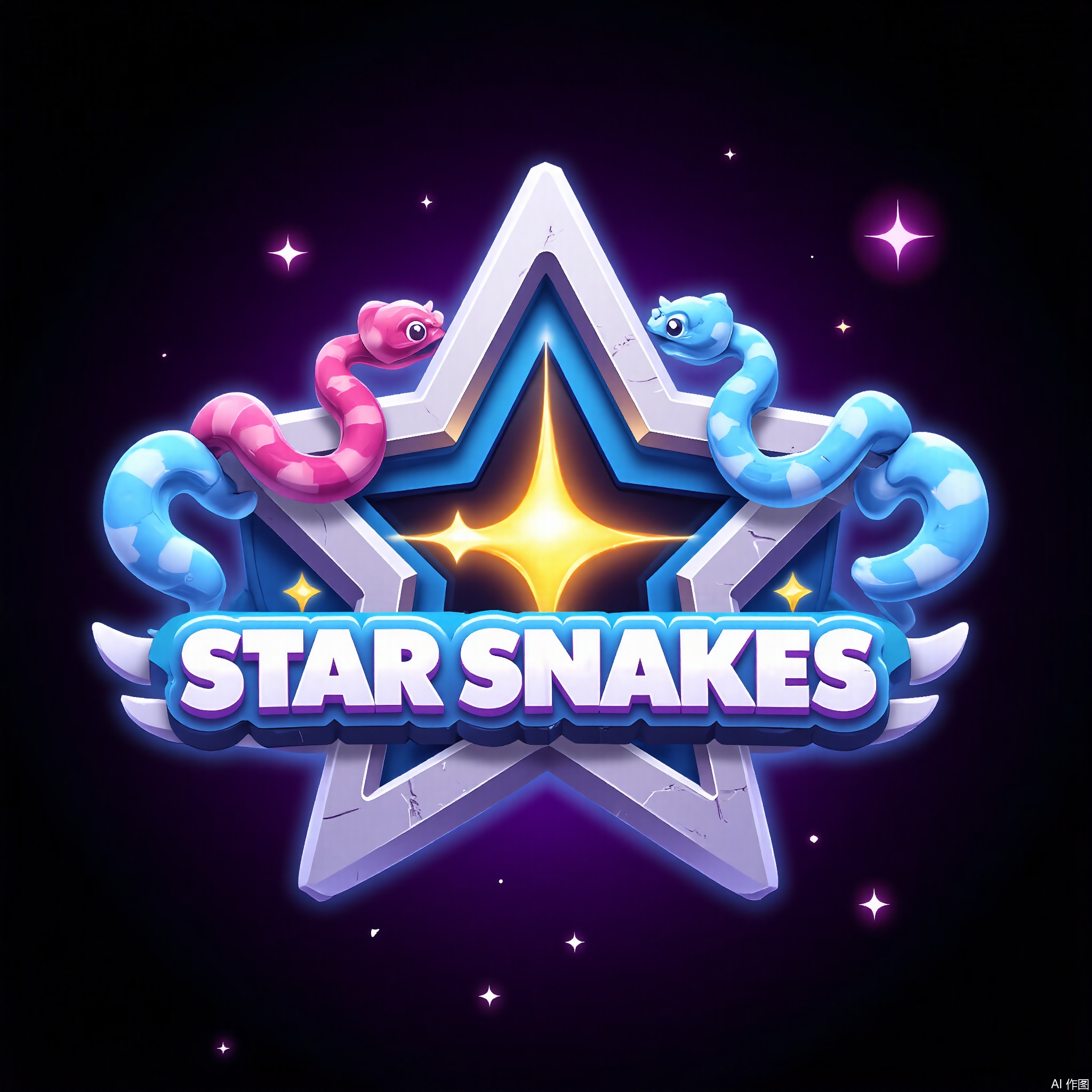 YXLG, Digital artwork presenting the game logo "STAR SNAKES" in a cosmic, cartoonish font. The text is in a bright white with a 3D effect that makes it seem to shine like a star. The background is a deep black and purple star - filled gradient with a star - shaped silver border. Inside the star are snakes with star - patterned scales, and in the center is a comet. It has a fun and space - themed vibe.


