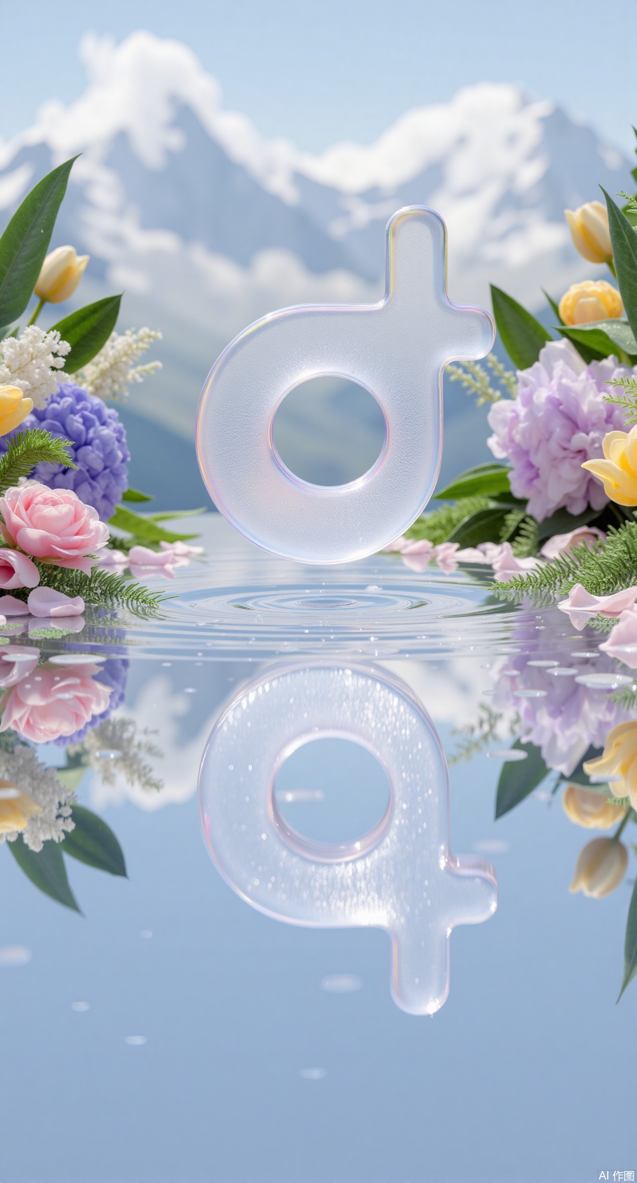 Art,Joyful blossoming,In the center of the image,a crystal-clear logo with a glass texture is presented,its surface flowing with soft iridescent refraction light effects,forming a perfect symmetry with its reflection in the water. Surrounding the main body are layers of three-dimensional garland structures—the foreground is covered with dew-drenched pink and white roses and pale purple irises,the midground transitions through gradations of golden tulips and blue-purple hydrangeas,while the background is framed naturally by feather-like silver ferns and evergreen ivy. The distant snow-capped mountain peaks are softened through depth-of-field processing,creating a contrast with the cotton-like cumulus clouds in the clear sky. Light at a 45-degree morning angle carves delicate light spot textures onto the surface of the glass logo and scatters star-like glitters on the water surface. All flowers maintain a semi-transparent texture,with petal edges outlined by faint glows,forming a material resonance with the main body. The composition follows the golden spiral ratio,guiding the visual flow through different levels of depth to create a surreal natural aesthetic space with both breathability and cohesion.,,Xdongjixiaofu,Xlanbaixiaofu,XkjwjlzyY,XLiquidGlass,XiPhone17Pro,Xshuilian