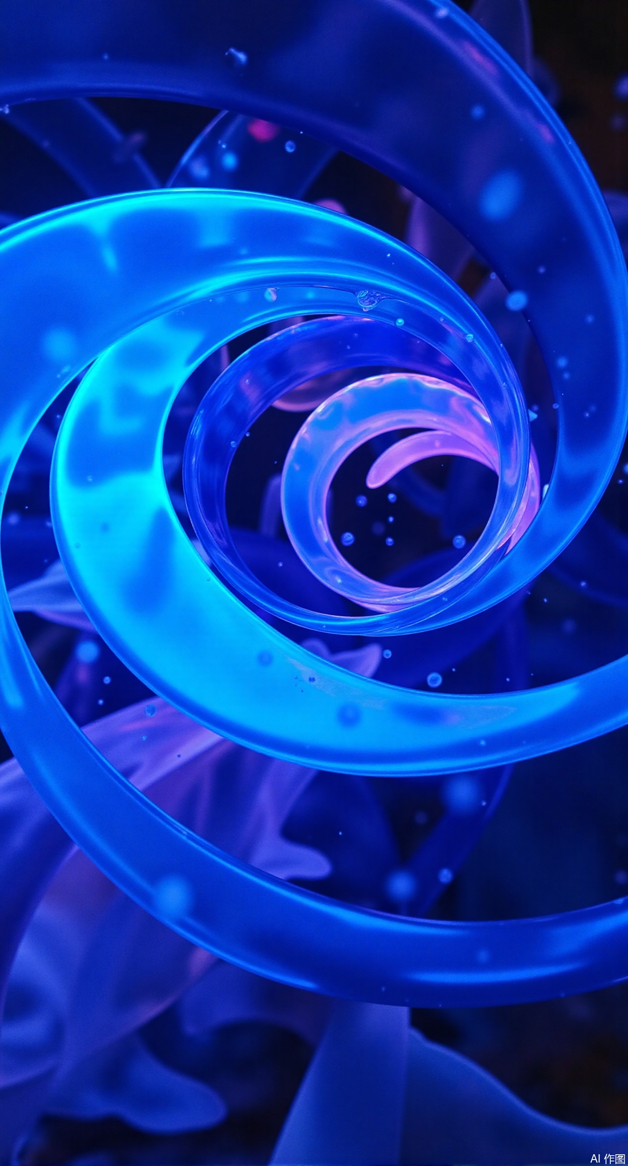 A hypnotic and fluid abstract background featuring a swirling vortex of translucent,flowing glass. The spiral-like motion gives a sense of infinite movement,with glass-like strands twisting and refracting light in shades of sapphire blue,neon purple,and glowing cyan. Small,scattered reflections enhance the immersive effect,making the scene appear futuristic and dynamic,,Xdongjixiaofu,Xlanbaixiaofu,XkjwjlzyY,XLiquidGlass,XiPhone17Pro,Xshuilian