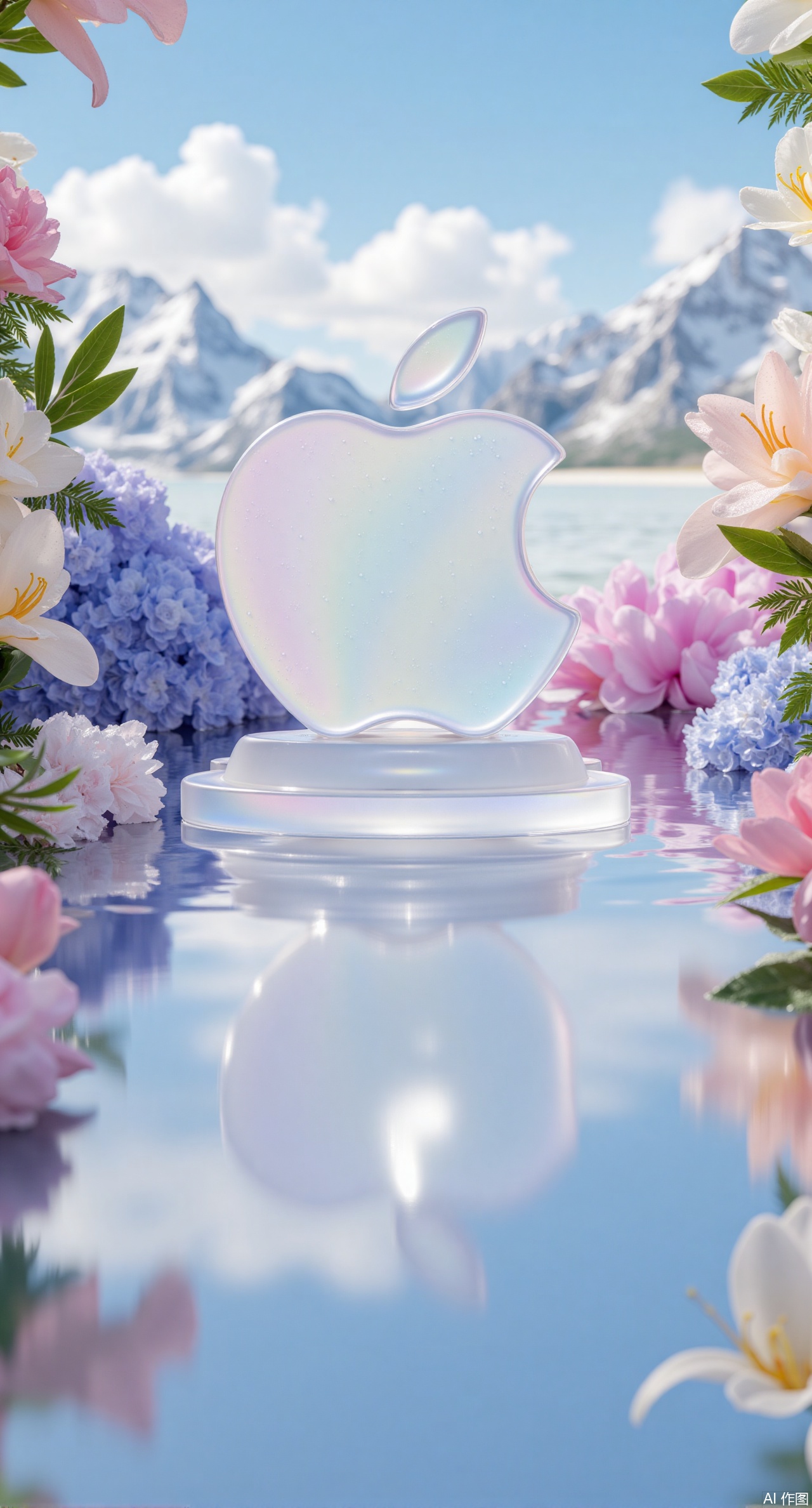 Art,Joyful blossoming,In the center of the image,a crystal-clear logo with a glass texture is presented,its surface flowing with soft iridescent refraction light effects,forming a perfect symmetry with its reflection in the water. Surrounding the main body are layers of three-dimensional garland structures—the foreground is covered with dew-drenched pink and white roses and pale purple irises,the midground transitions through gradations of golden tulips and blue-purple hydrangeas,while the background is framed naturally by feather-like silver ferns and evergreen ivy. The distant snow-capped mountain peaks are softened through depth-of-field processing,creating a contrast with the cotton-like cumulus clouds in the clear sky. Light at a 45-degree morning angle carves delicate light spot textures onto the surface of the glass logo and scatters star-like glitters on the water surface. All flowers maintain a semi-transparent texture,with petal edges outlined by faint glows,forming a material resonance with the main body. The composition follows the golden spiral ratio,guiding the visual flow through different levels of depth to create a surreal natural aesthetic space with both breathability and cohesion.,,Xdongjixiaofu,Xlanbaixiaofu,XkjwjlzyY,XLiquidGlass,XiPhone17Pro,Xshuilian