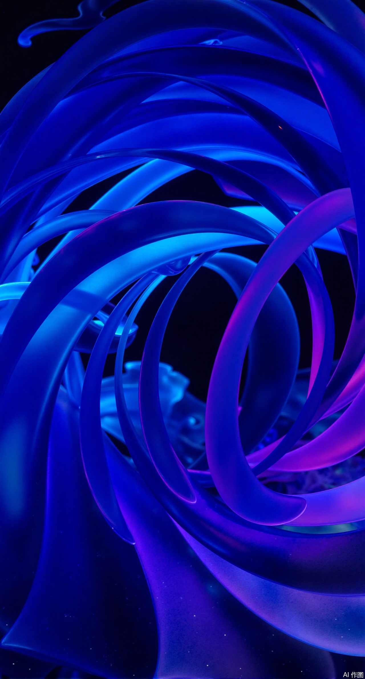 A hypnotic and fluid abstract background featuring a swirling vortex of translucent,flowing glass. The spiral-like motion gives a sense of infinite movement,with glass-like strands twisting and refracting light in shades of sapphire blue,neon purple,and glowing cyan. Small,scattered reflections enhance the immersive effect,making the scene appear futuristic and dynamic,,Xdongjixiaofu,Xlanbaixiaofu,XkjwjlzyY,XLiquidGlass,XiPhone17Pro,Xshuilian