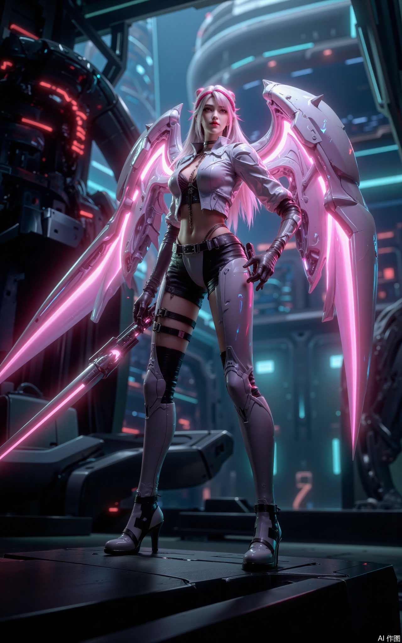 This photo depicts a scene of futuristic and dystopia, with a central character standing confidently in the foreground. The character wears in sophisticated silver-white armor with a prominent mechanical design that includes huge, glowing pink wings extending from the back. She waved a long and smooth weapon in her right hand, her flowing silver-white mid-length hair hanging down her back, wearing a pink swearing. The background is a vast industrial city landscape filled with towering buildings, pipes and glowing red lights, creating a high-tech, perhaps post-apocalyptic environment. The overall atmosphere is dark and intense, with a strong emphasis on the majestic presence of the character and the advanced mechanical elements surrounding her.
