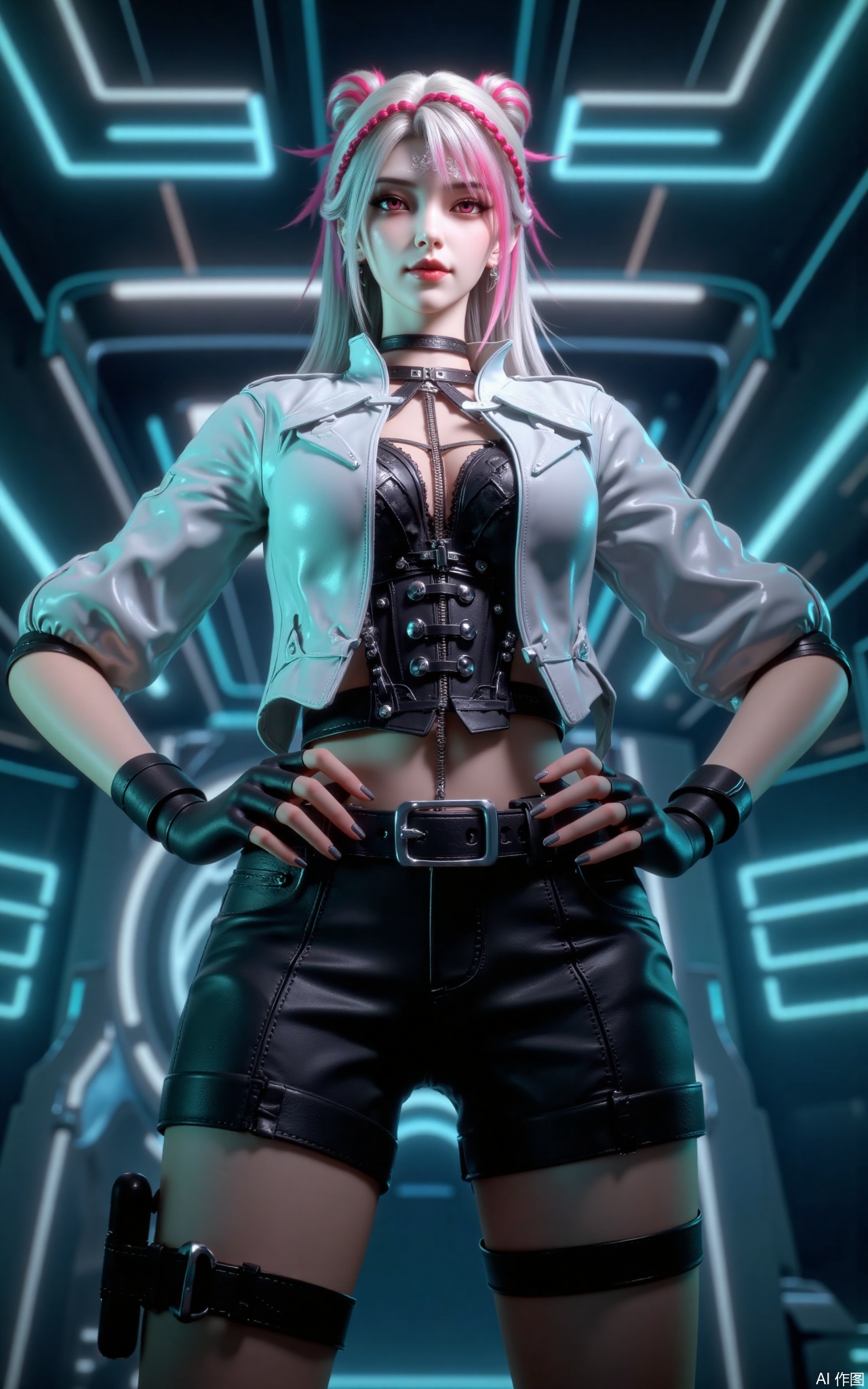 This picture depicts the upper body of a stylized, anime-inspired character with a silvery medium-length hair dyed pink at the ends. The character wore a silver-white leather shorts jacket, including a black corset inside. They wore a collar around their necks and a belt with rivets around their waists. The character also wore black fingerless gloves and put his hands on his hips. The background is a futuristic, neon-lit environment filled with geometric shapes and soft light, giving it a cyberpunk style. Shooting at low angles, very low angles, bottom view, shot from the front and below.
