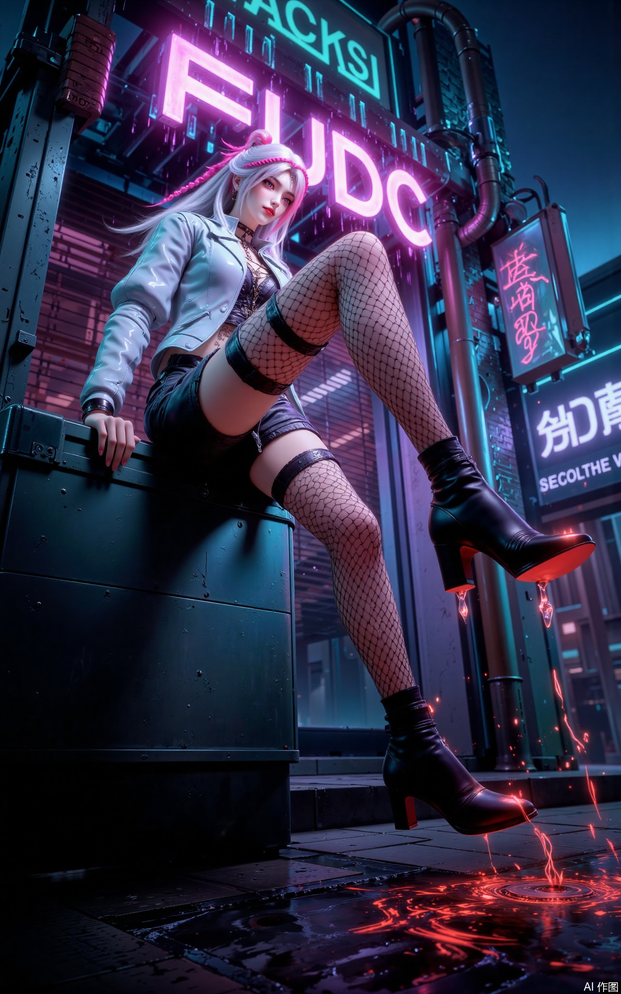1 girl, solo, long gray hair, pink hair accessories, pink eyes, wearing a silver-white leather jacket and short skirt, sitting diagonally on the street iron box, showing her beautiful and slender thighs, and her legs were wearing black fishnet stockings. The absolute field, the Cyborg-eye blue texture was revealed between the cracks of the fishnet stockings. The tip of the high heels is nailed into the puddle, and the ripples are shattering the scarlet reflection. The background neon rainstorm poured: "FUDC" light sign melted into iridescent in the misty water vapor, and the purple and blue light storm over the rusty pipe mesh. The damp metal box oozes cold air.