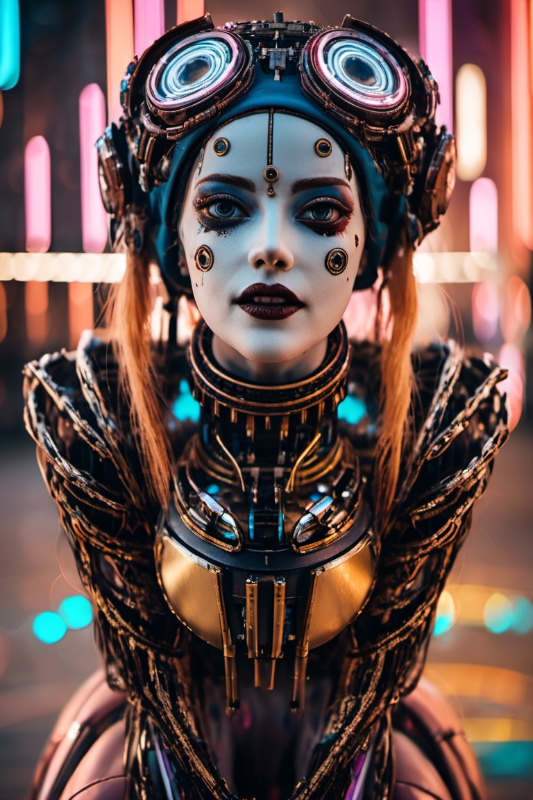 📸 A close-up portrait of a female cyborg clown. The style should be hyper-realistic,  focusing on the contrast between th...