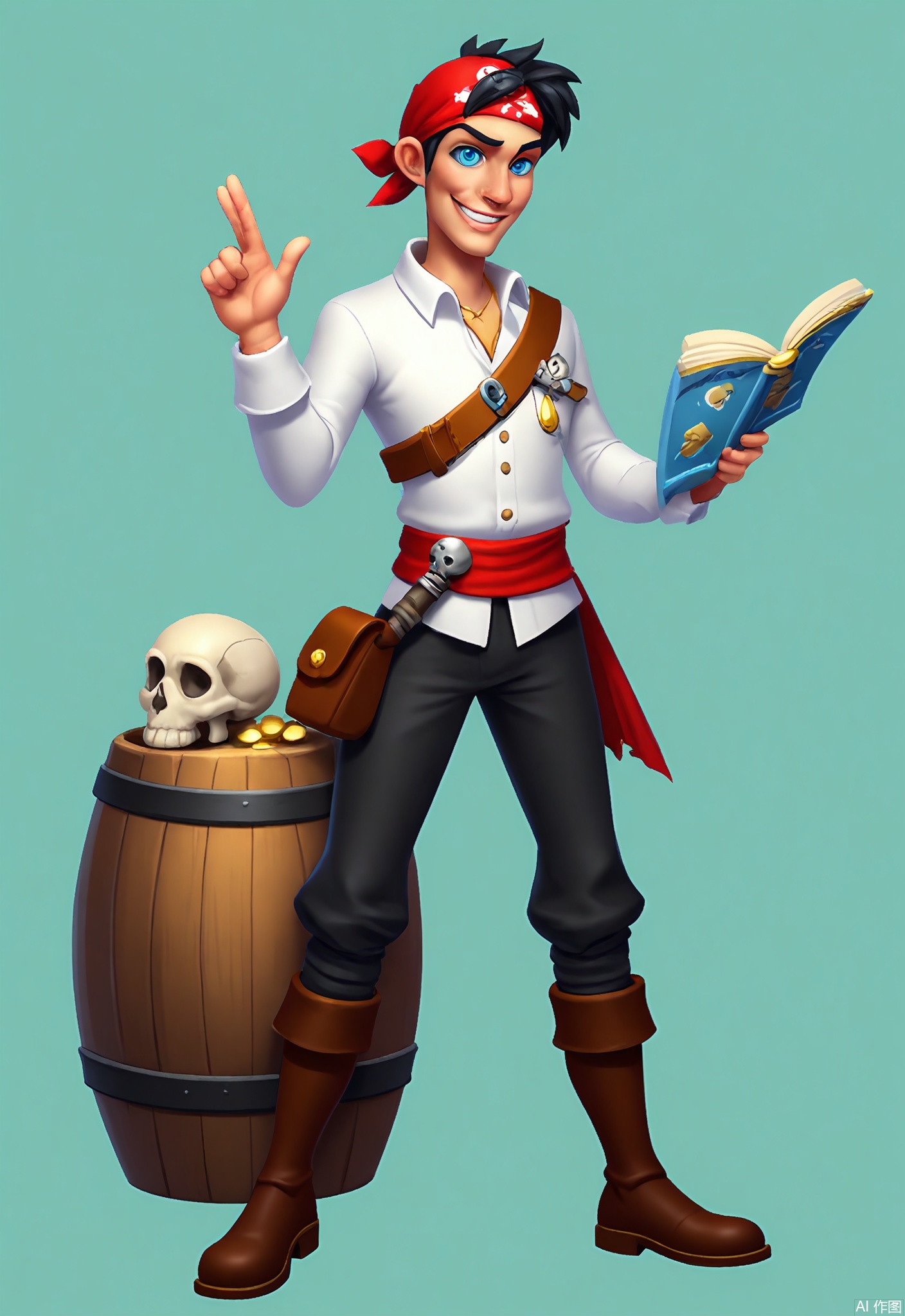 KTJS, Digital illustration of a young male pirate dressed for adventure, standing proudly with one foot on a barrel and one hand resting on his cutlass. He has tousled black hair, a mischievous grin, and bright blue eyes. He wears a loose white shirt with a red sash, billowing black pants, and knee-high leather boots. A bandana with a skull and crossbones is tied around his head, and a treasure map is peeking out of his pocket. The background is a soft, pale blue.
