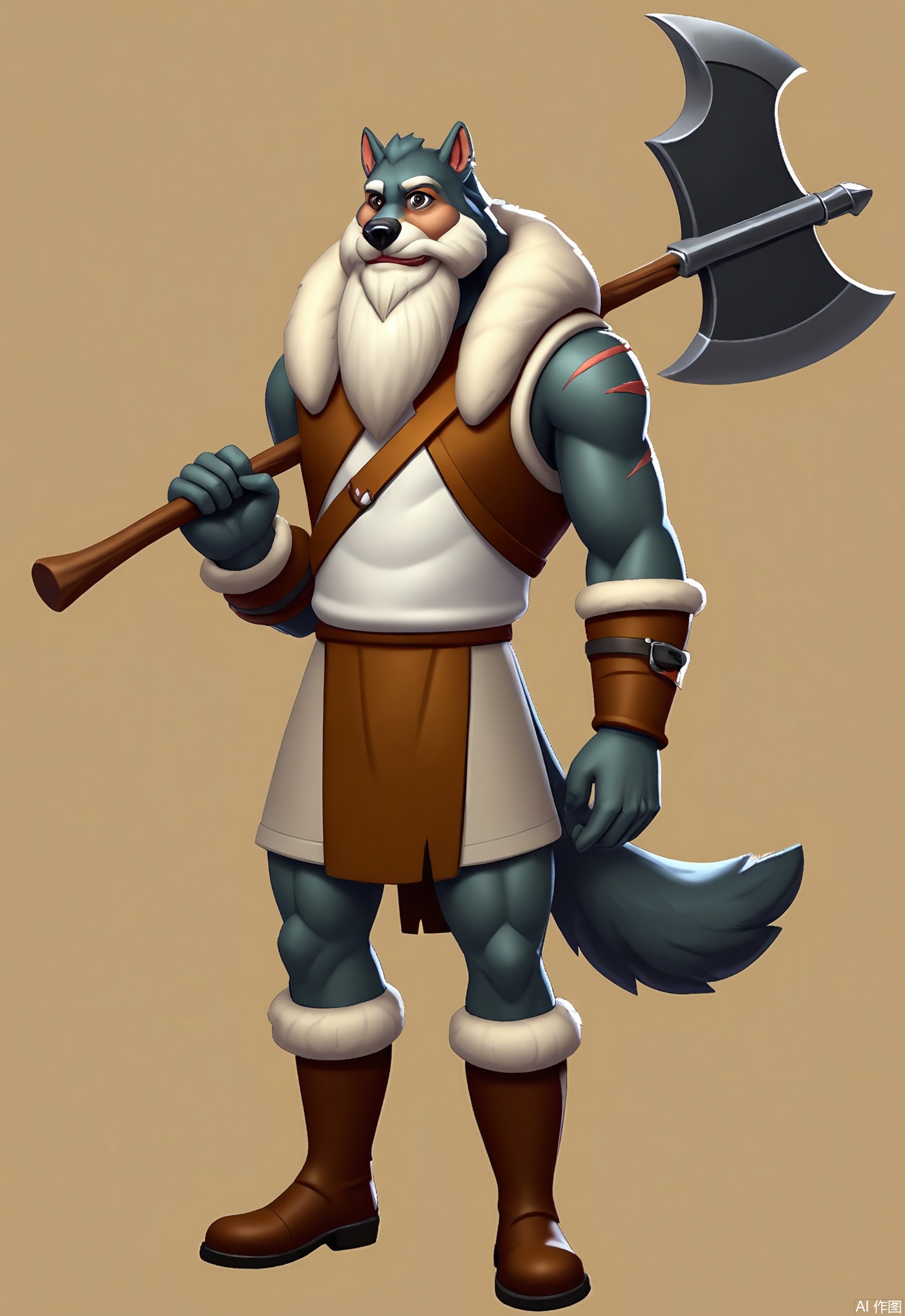 KTJS, Digital illustration of a male barbarian with a long, bushy beard and a muscular build, standing with a giant axe over his shoulder. He has a fierce expression on his face, with wild brown eyes. He wears a fur loincloth, a leather vest, and heavy boots. A wolf pelt is draped over his shoulders, and battle scars cover his arms. The background is a rugged, earthy brown.
