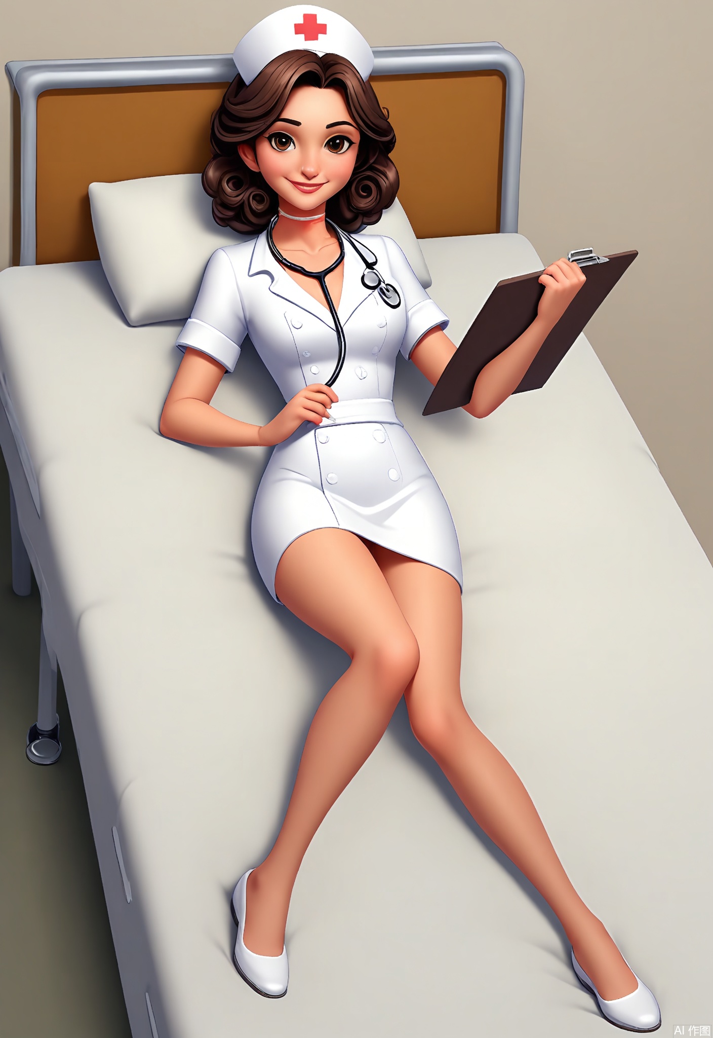 KTJS, Digital illustration of a female nurse in a white uniform and a cap, holding a clipboard. She has a kind smile on her face, with soft brown eyes and short, curly hair. She wears white shoes and a stethoscope around her neck. Medical equipment is on the table beside her, and a patient is lying in the bed in the background. The background is a clean, medical white.
