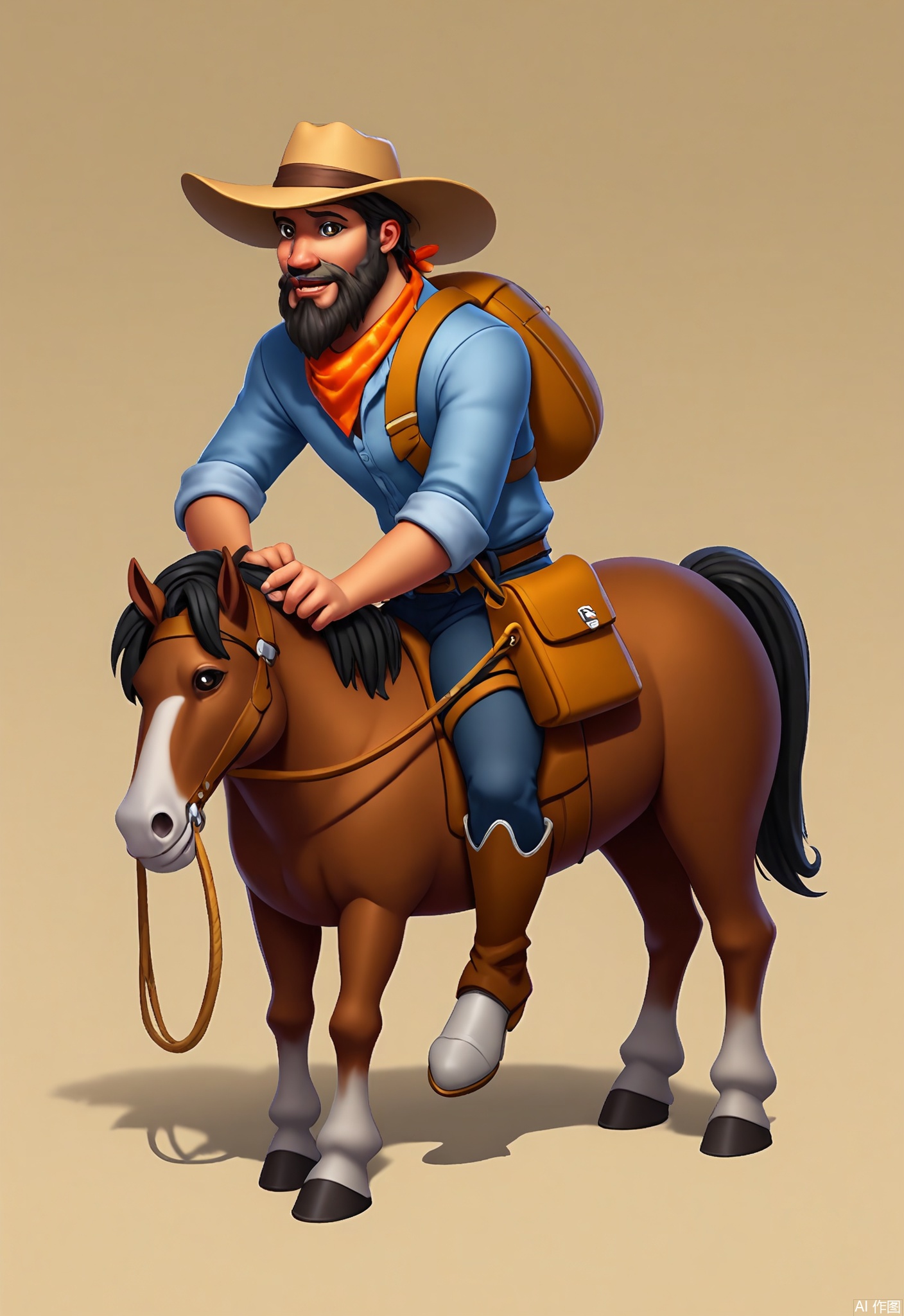 KTJS, Digital illustration of a male cowboy with a wide-brimmed hat and a bandana around his neck, sitting on a horse. He has a rugged look on his face, with a scruffy beard and intense brown eyes. He wears a denim shirt, leather chaps, and cowboy boots. A lasso is coiled at his side, and a saddlebag is filled with supplies. The background is a warm, sandy beige.
