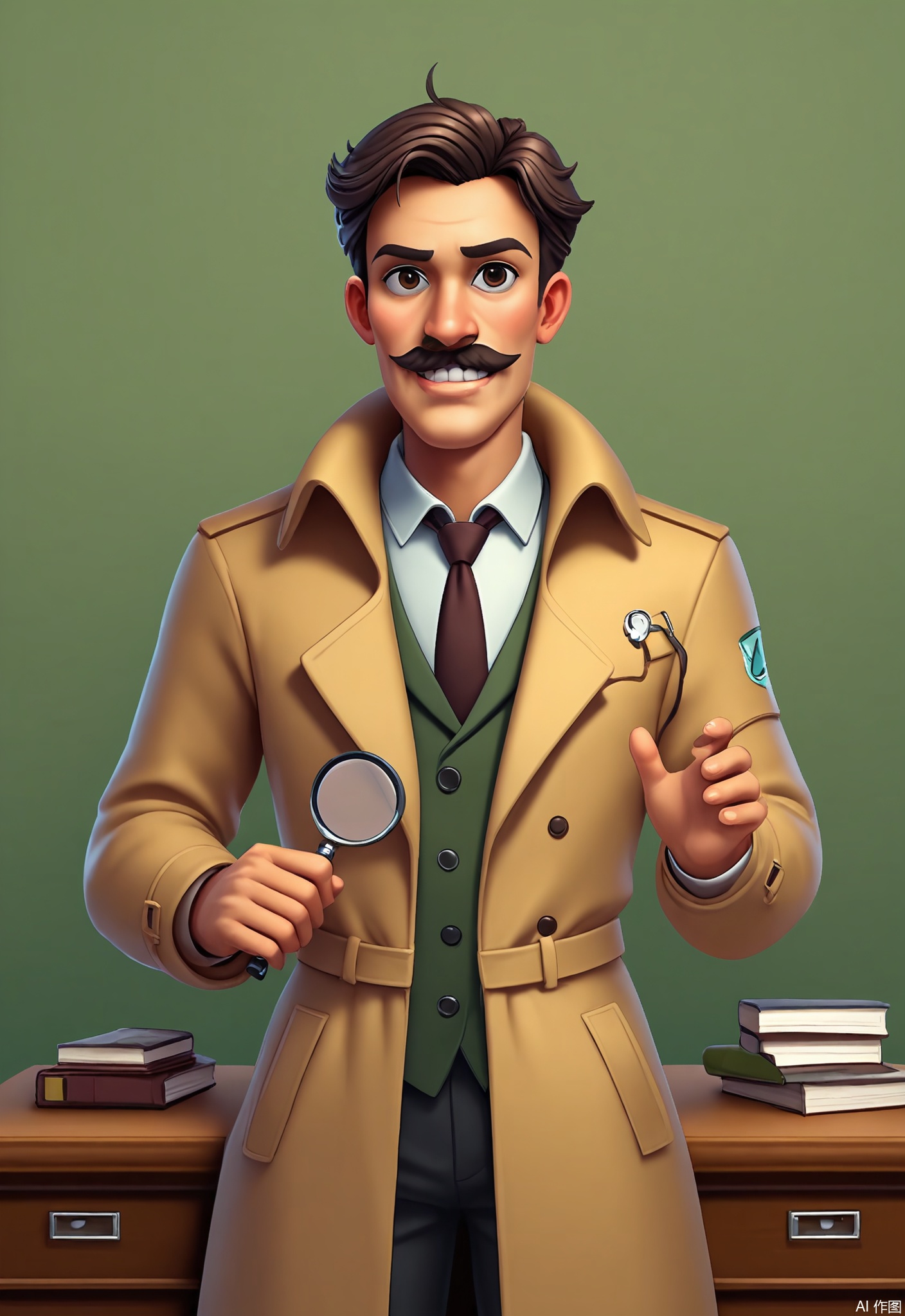 KTJS, Digital illustration of a male detective with a mustache and a trench coat, holding a magnifying glass. He has short, graying hair and a thoughtful expression, with deep brown eyes. He wears a suit and tie, and a badge is pinned to his coat. A pipe is clenched between his teeth, and a stack of files is on the desk beside him. The background is a muted, olive green.
