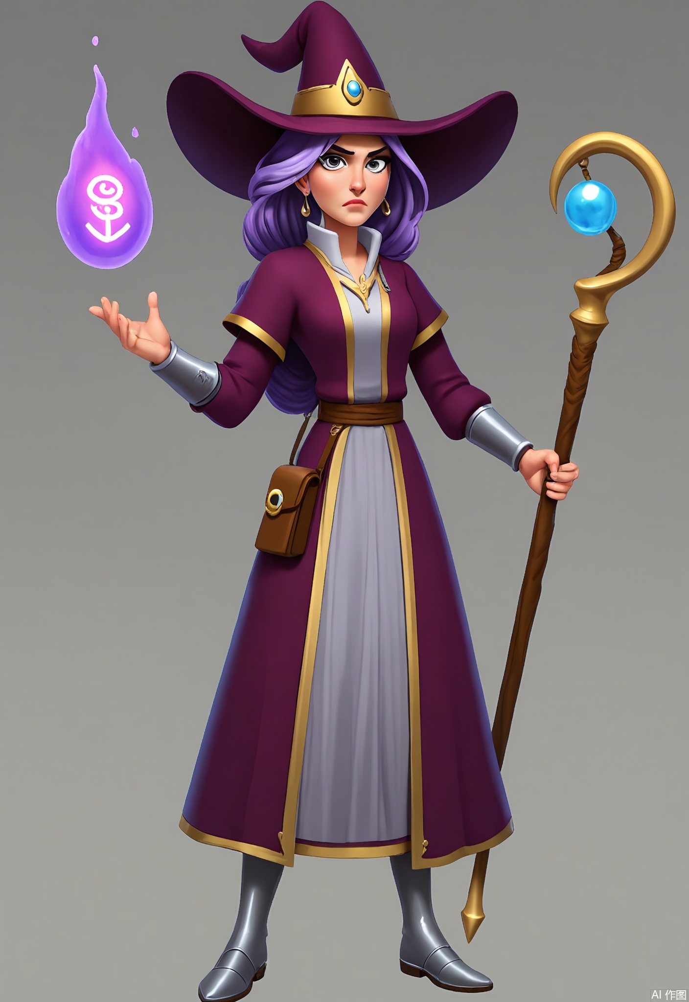 KTJS, Digital illustration of a female wizard with long, flowing purple hair, standing with her staff held high. She has a determined look on her face, with piercing silver eyes and a small, determined frown. She wears a long, flowing purple robe with gold trim, a pointed hat, and silver boots. A spellbook is tucked under her arm, and magical runes glow around her staff. The background is a deep, rich purple.

