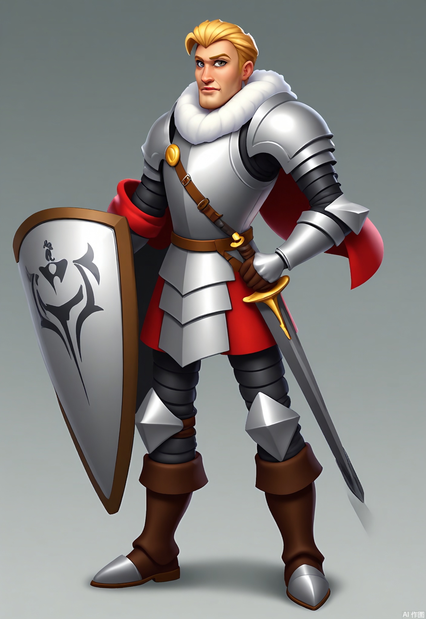 KTJS, Digital illustration of a male knight in shining armor, standing tall with his sword drawn. He has short, blond hair and a stern expression, with intense gray eyes. His armor is adorned with intricate engravings and a red cape billows behind him. He wears leather gloves and knee-high boots, and a shield with a lion crest is strapped to his back. The background is a bold, bright red.
