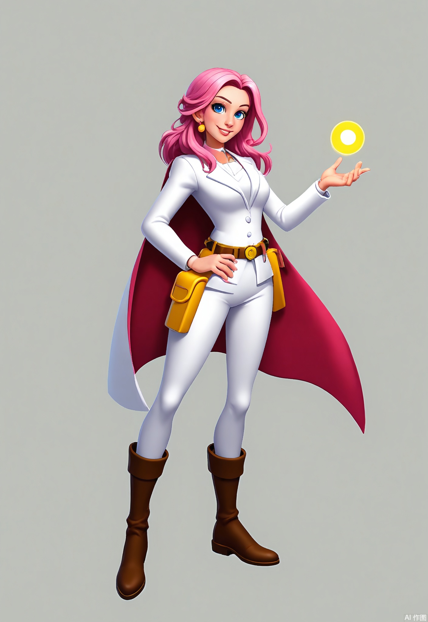 KTJS, Digital illustration of a female superhero with bright pink hair, flying through the air with her cape fluttering behind her. She has a confident smile on her face, with sparkling blue eyes. She wears a form-fitting pink and white suit with a belt and boots. A utility belt holds various gadgets, and she holds a glowing energy orb in her hand. The background is a bright, sunny yellow.
