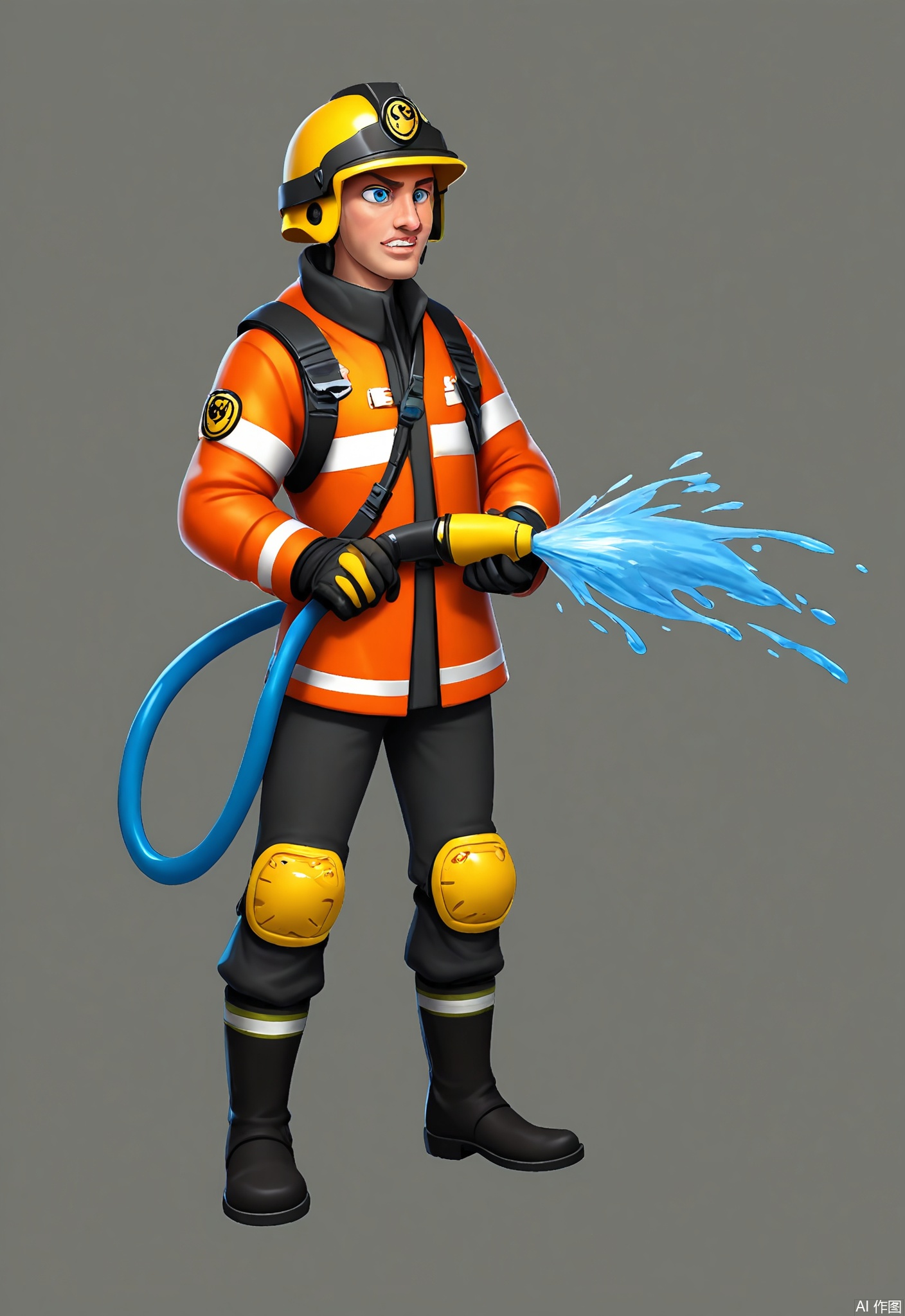 KTJS, Digital illustration of a male firefighter in full gear, holding a hose and spraying water on a fire. He has a determined look on his face, with short, blond hair and bright blue eyes. He wears a yellow helmet, a jacket, and boots. A fire truck is in the background, and flames rage around him. The background is a bright, fiery orange.
