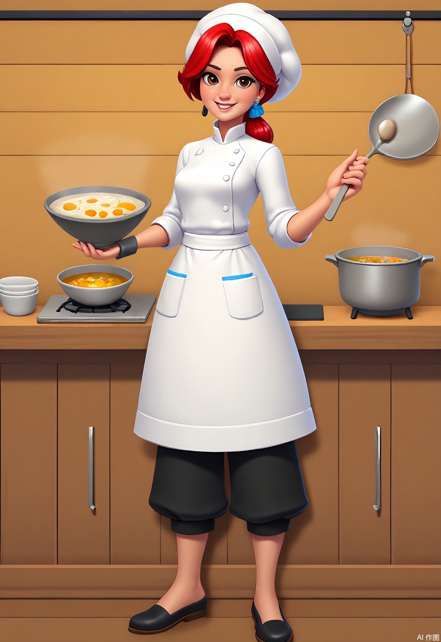 KTJS, Digital illustration of a female chef in a white chef's hat and apron, holding a large wooden spoon. She has long, red hair tied in a bun and a cheerful smile, with warm brown eyes. She wears a white shirt with black pants and black shoes. Ingredients like vegetables and spices are scattered around her, and a pot of soup bubbles on the stove behind her. The background is a creamy, off-white.
