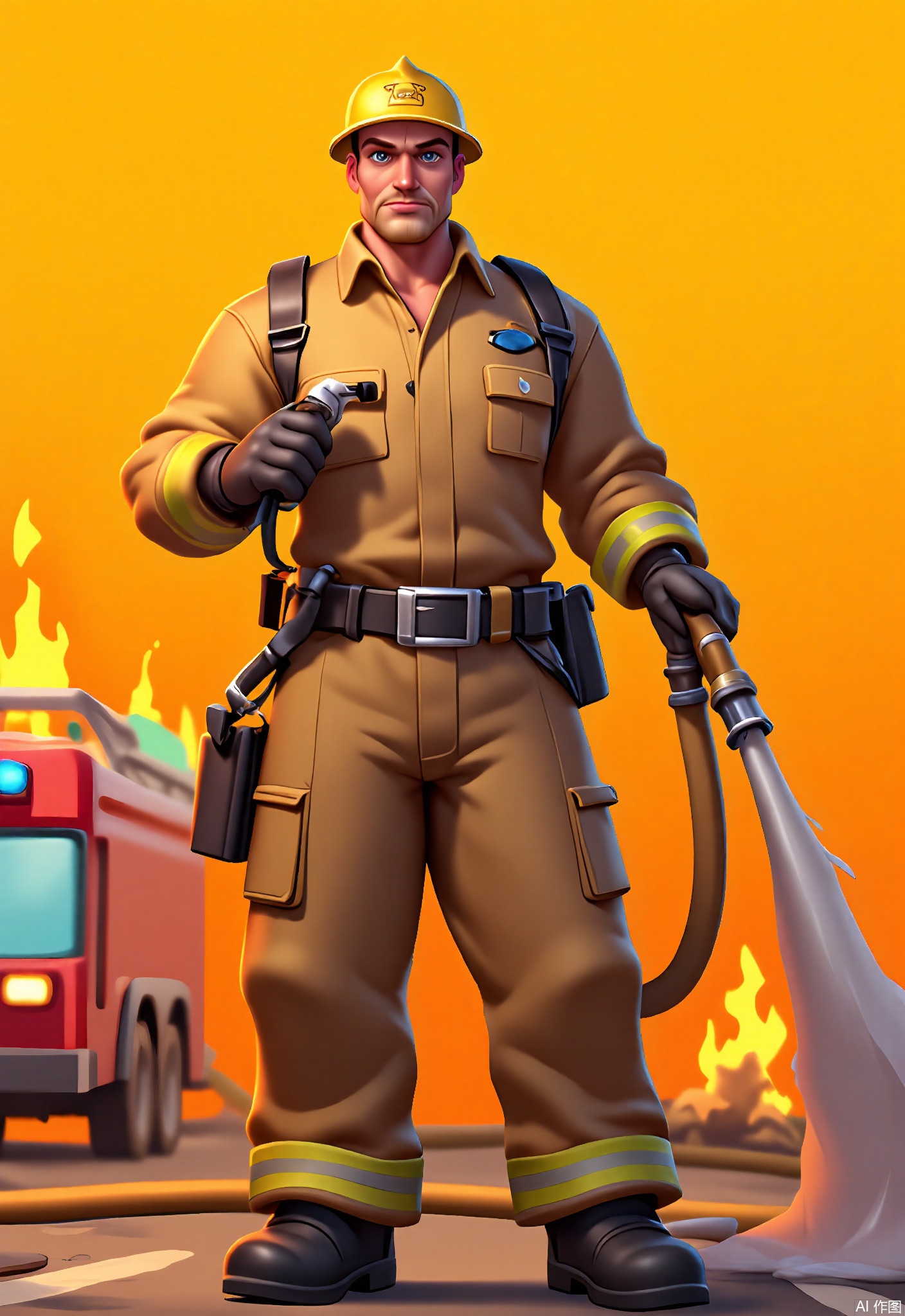 KTJS, Digital illustration of a male firefighter in full gear, holding a hose and spraying water on a fire. He has a determined look on his face, with short, blond hair and bright blue eyes. He wears a yellow helmet, a jacket, and boots. A fire truck is in the background, and flames rage around him. The background is a bright, fiery orange.
