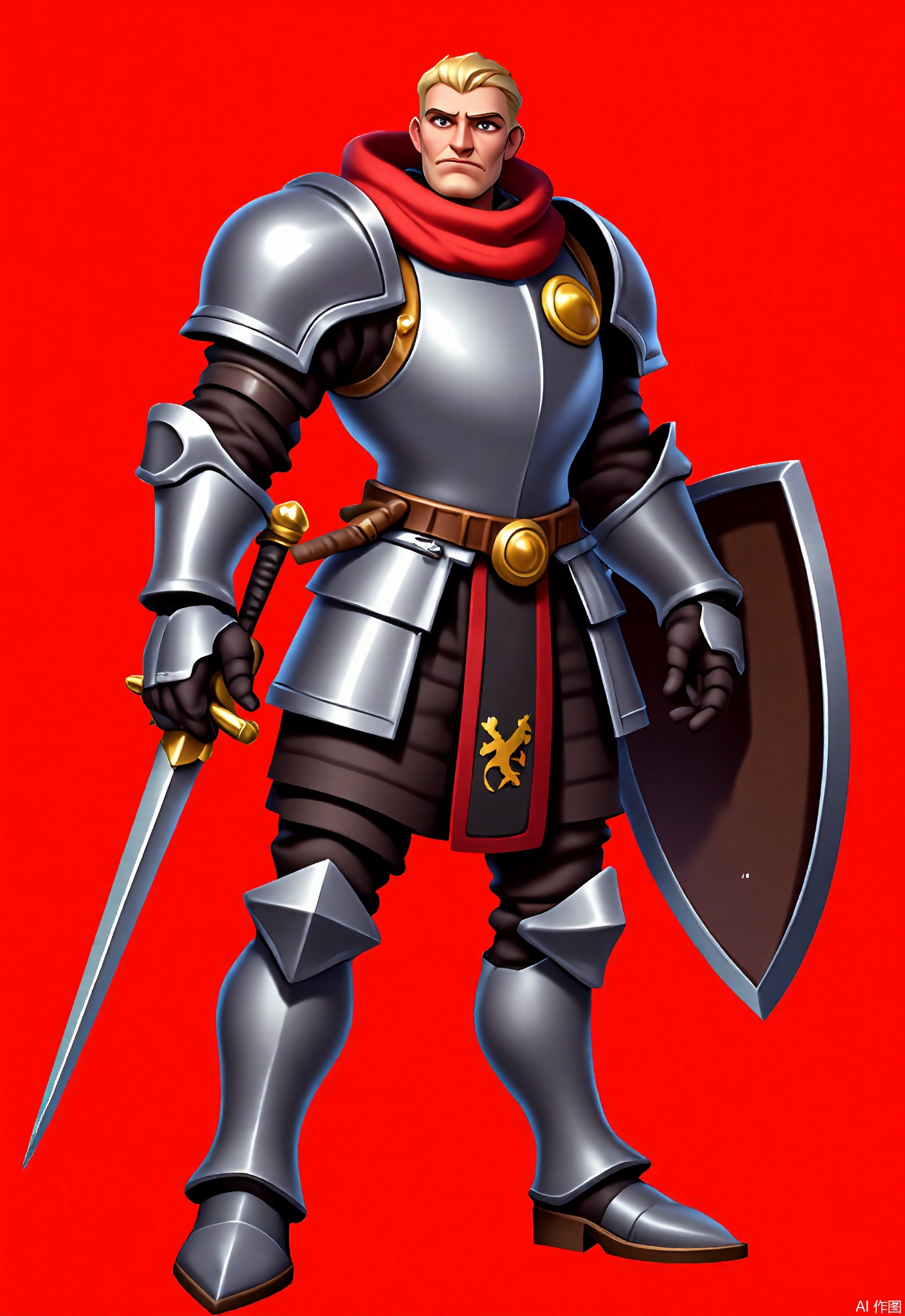 KTJS, Digital illustration of a male knight in shining armor, standing tall with his sword drawn. He has short, blond hair and a stern expression, with intense gray eyes. His armor is adorned with intricate engravings and a red cape billows behind him. He wears leather gloves and knee-high boots, and a shield with a lion crest is strapped to his back. The background is a bold, bright red.

