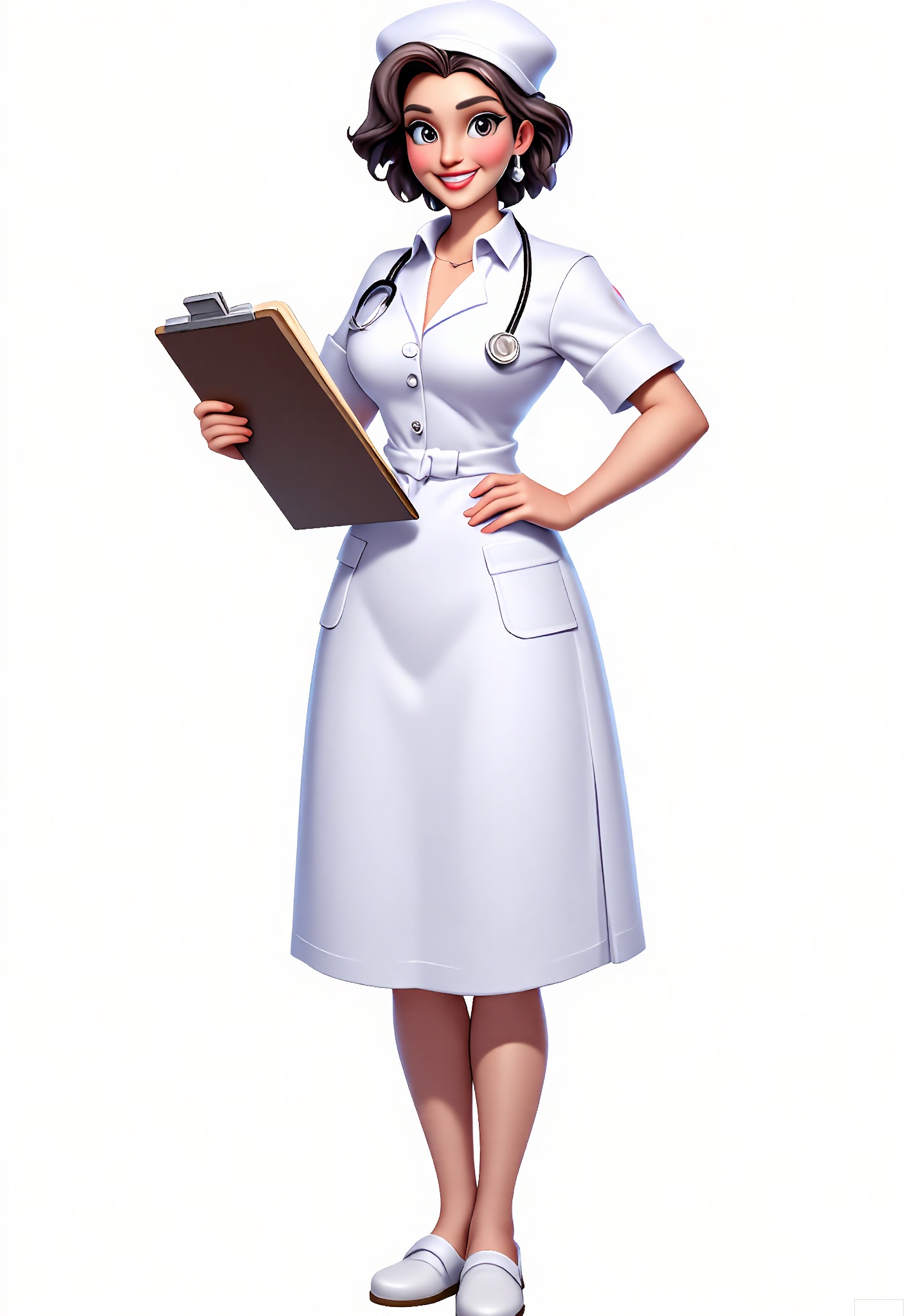 KTJS, Digital illustration of a female nurse in a white uniform and a cap, holding a clipboard. She has a kind smile on her face, with soft brown eyes and short, curly hair. She wears white shoes and a stethoscope around her neck. Medical equipment is on the table beside her, and a patient is lying in the bed in the background. The background is a clean, medical white.
