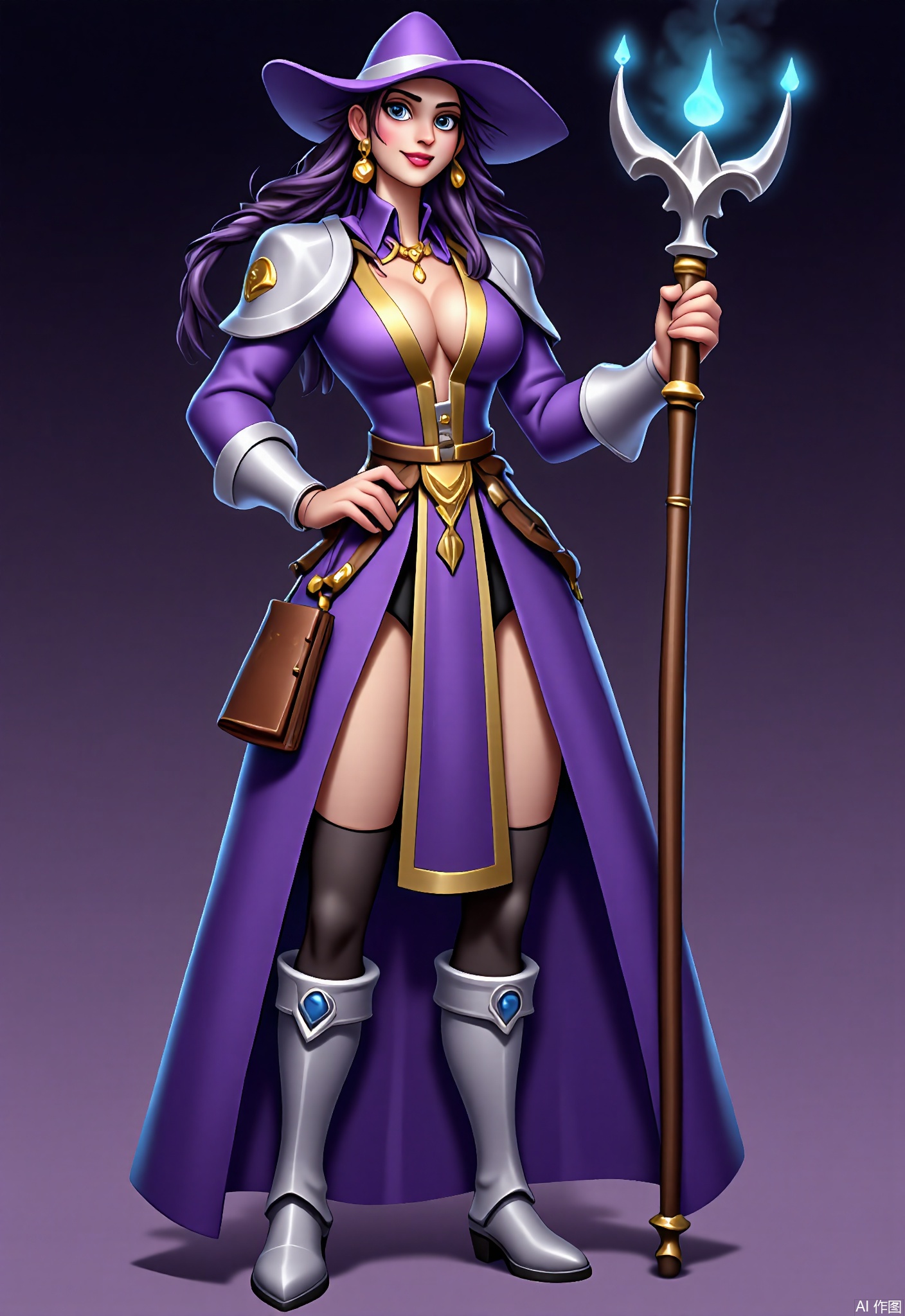 KTJS, Digital illustration of a female wizard with long, flowing purple hair, standing with her staff held high. She has a determined look on her face, with piercing silver eyes and a small, determined frown. She wears a long, flowing purple robe with gold trim, a pointed hat, and silver boots. A spellbook is tucked under her arm, and magical runes glow around her staff. The background is a deep, rich purple.
