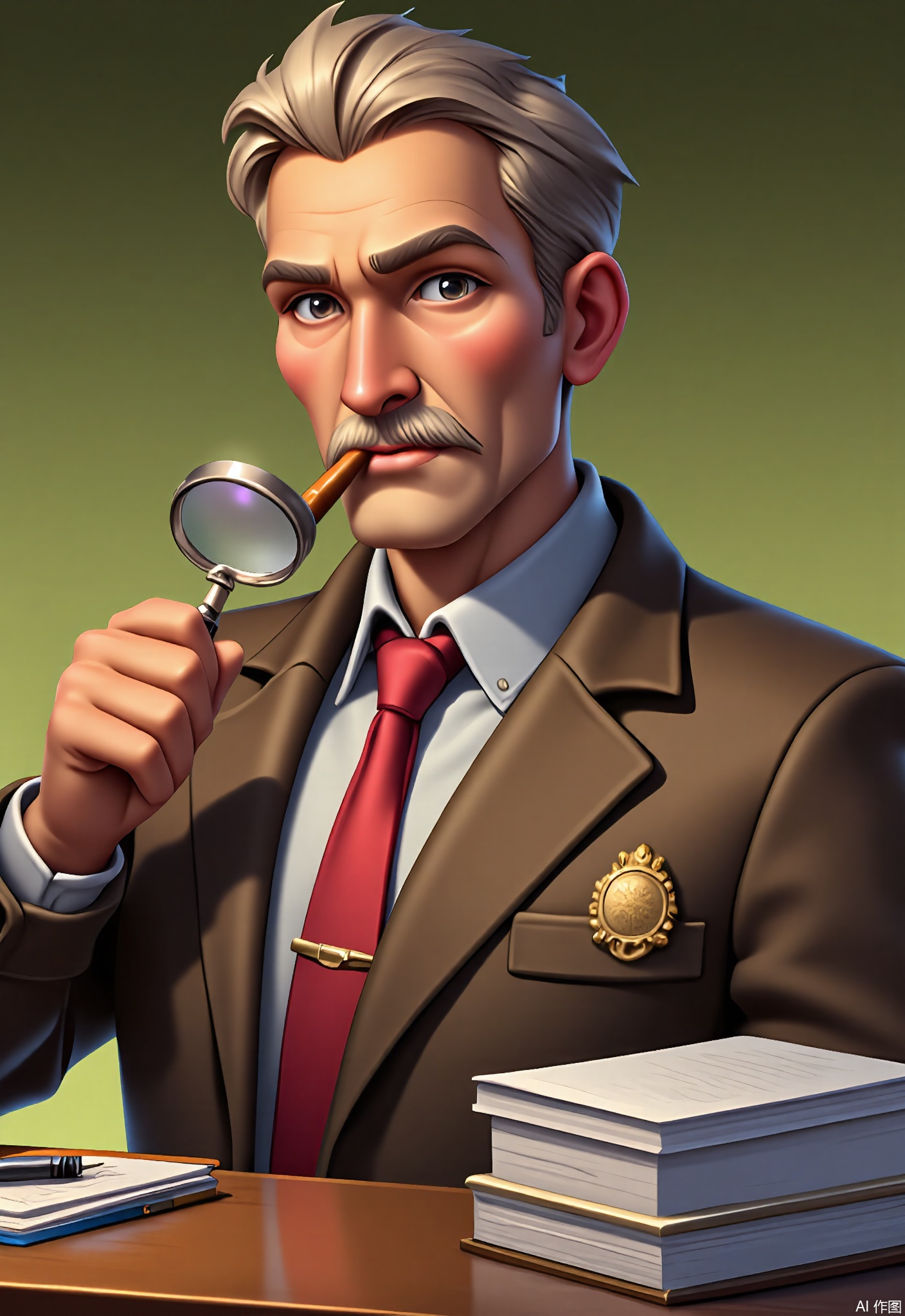 KTJS, Digital illustration of a male detective with a mustache and a trench coat, holding a magnifying glass. He has short, graying hair and a thoughtful expression, with deep brown eyes. He wears a suit and tie, and a badge is pinned to his coat. A pipe is clenched between his teeth, and a stack of files is on the desk beside him. The background is a muted, olive green.
