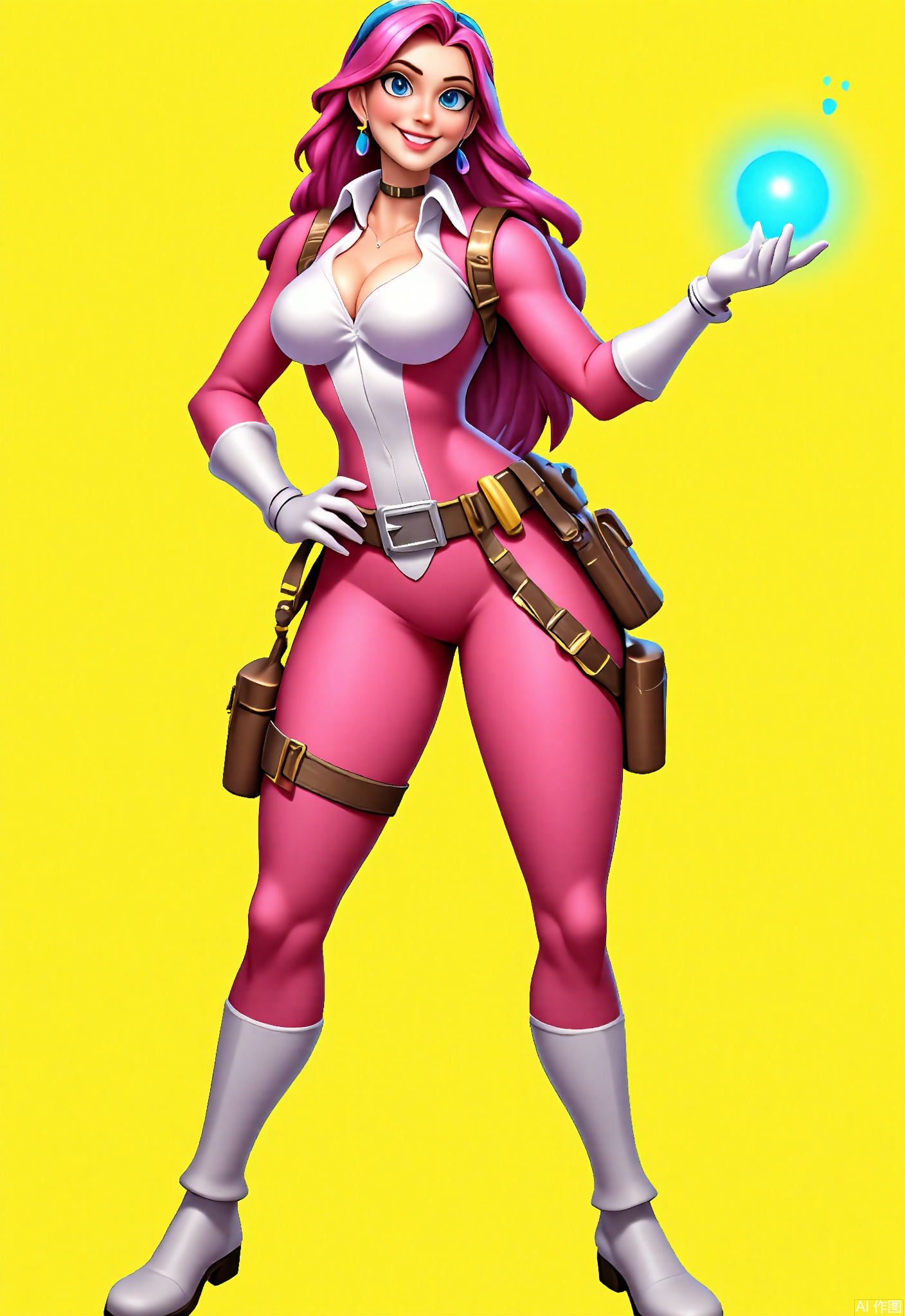 KTJS, Digital illustration of a female superhero with bright pink hair, flying through the air with her cape fluttering behind her. She has a confident smile on her face, with sparkling blue eyes. She wears a form-fitting pink and white suit with a belt and boots. A utility belt holds various gadgets, and she holds a glowing energy orb in her hand. The background is a bright, sunny yellow.
