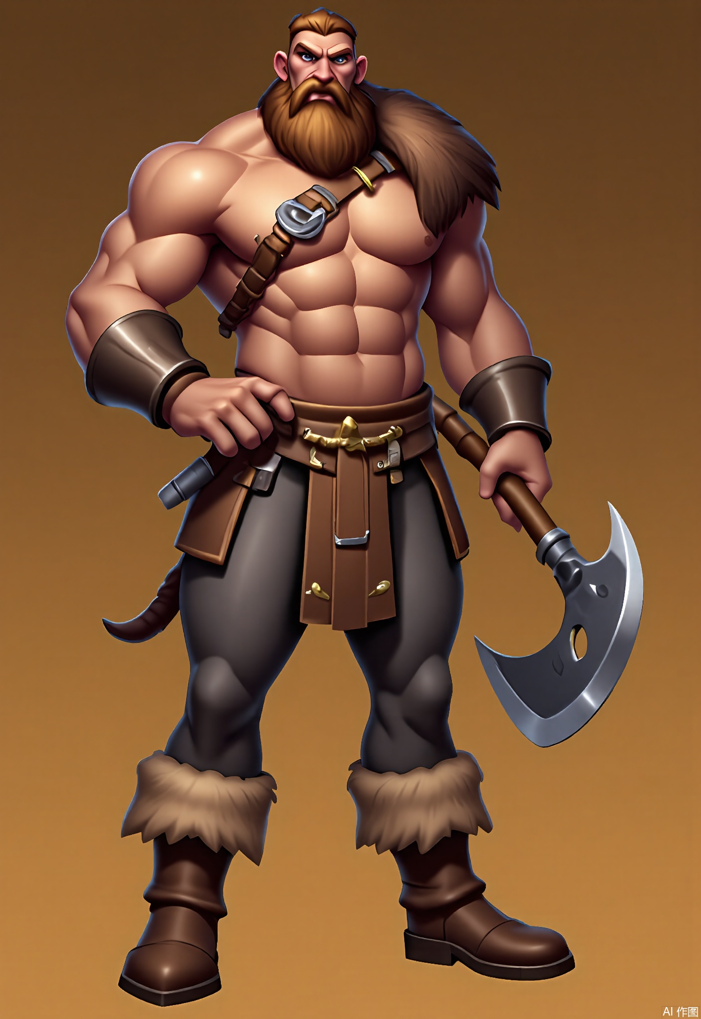 KTJS, Digital illustration of a male barbarian with a long, bushy beard and a muscular build, standing with a giant axe over his shoulder. He has a fierce expression on his face, with wild brown eyes. He wears a fur loincloth, a leather vest, and heavy boots. A wolf pelt is draped over his shoulders, and battle scars cover his arms. The background is a rugged, earthy brown.
