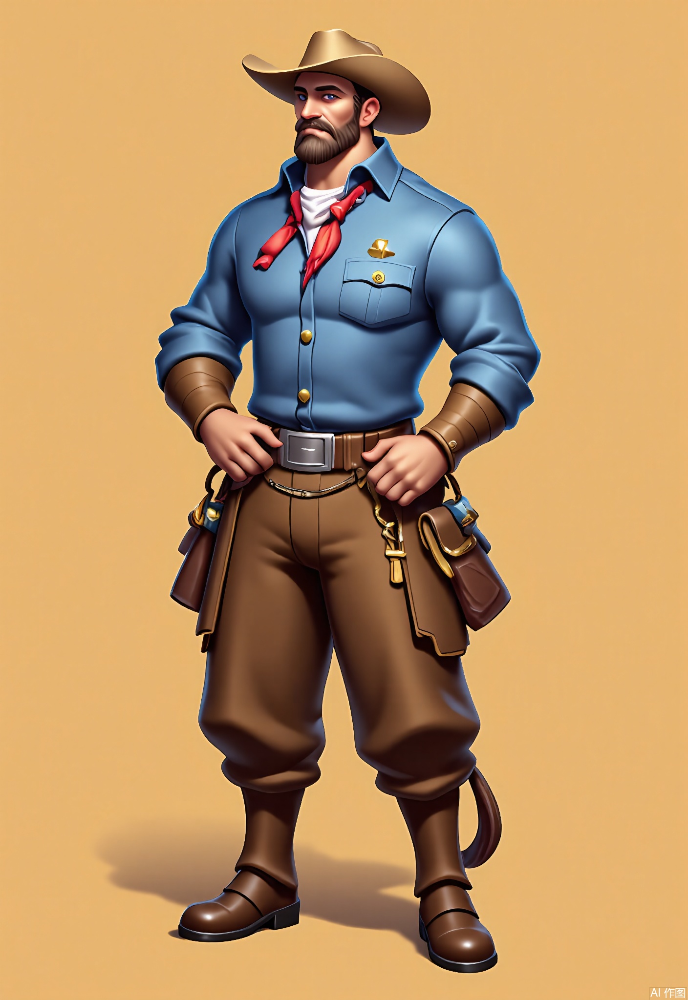KTJS, Digital illustration of a male cowboy with a wide-brimmed hat and a bandana around his neck, sitting on a horse. He has a rugged look on his face, with a scruffy beard and intense brown eyes. He wears a denim shirt, leather chaps, and cowboy boots. A lasso is coiled at his side, and a saddlebag is filled with supplies. The background is a warm, sandy beige.
