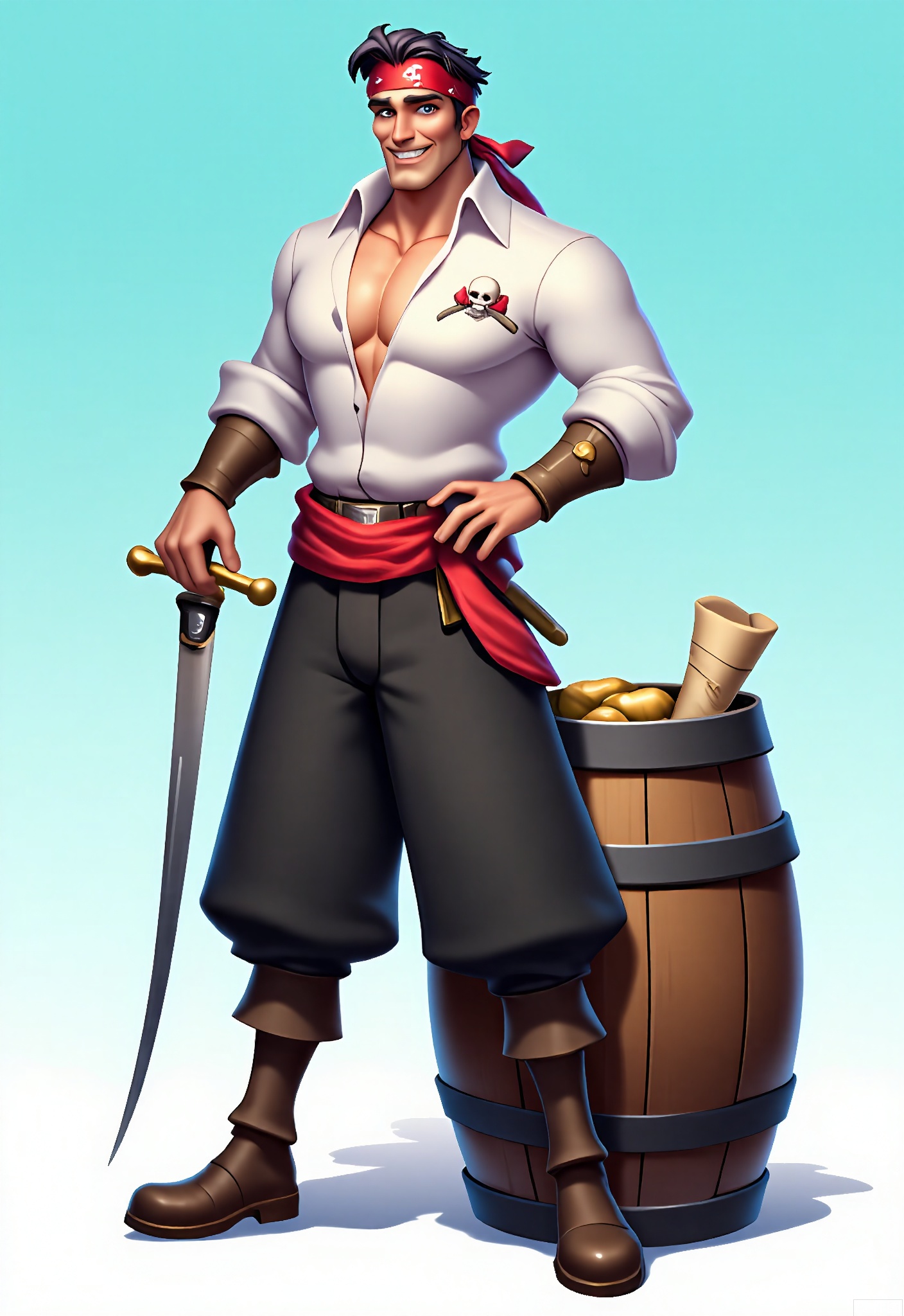 KTJS, Digital illustration of a young male pirate dressed for adventure, standing proudly with one foot on a barrel and one hand resting on his cutlass. He has tousled black hair, a mischievous grin, and bright blue eyes. He wears a loose white shirt with a red sash, billowing black pants, and knee-high leather boots. A bandana with a skull and crossbones is tied around his head, and a treasure map is peeking out of his pocket. The background is a soft, pale blue.
