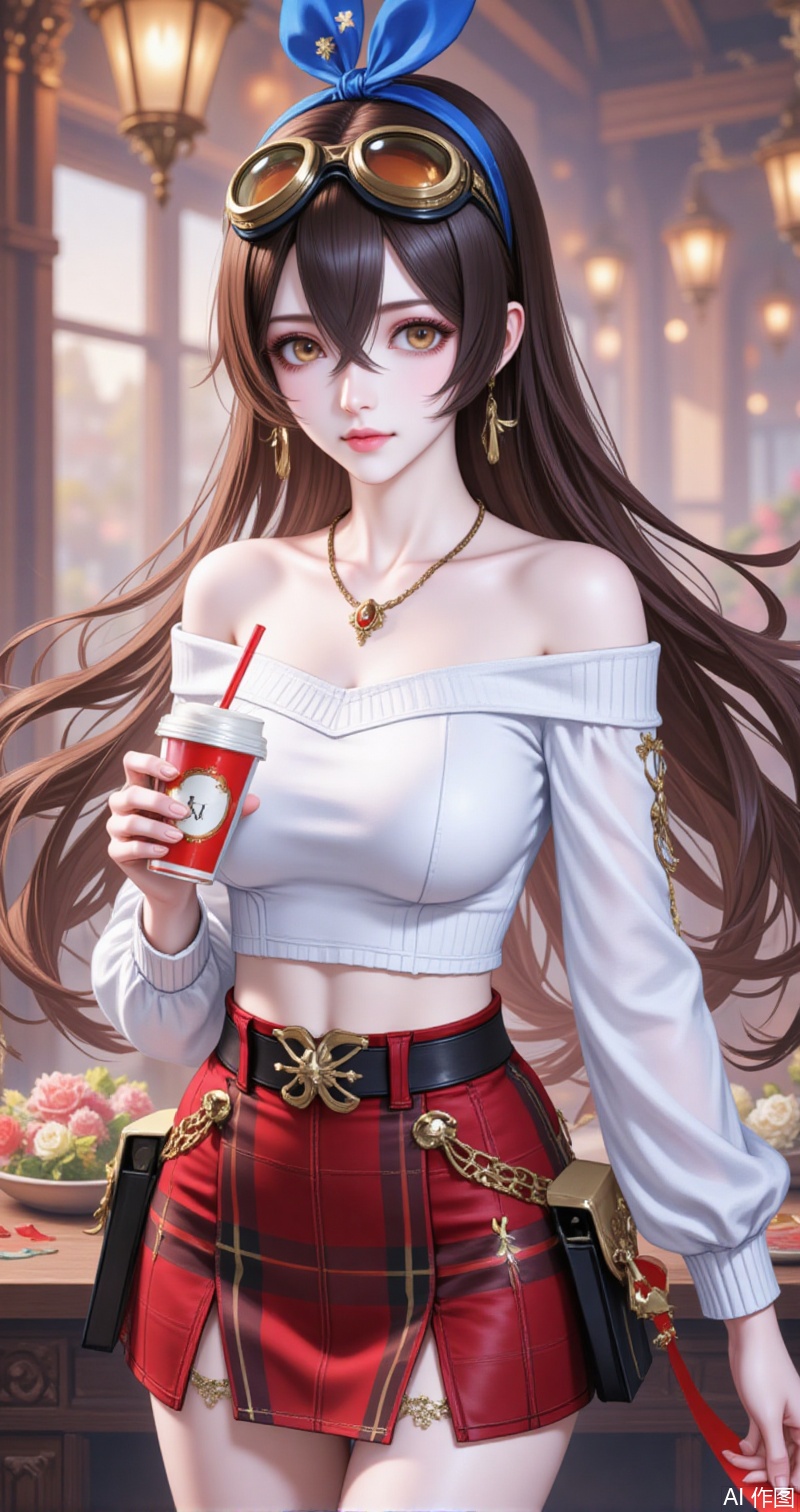 anbo,amber \(genshin impact\),goggles,long hair,brown hair,goggles on head,hair between eyes,medium breasts,red ribbon,crossed bangs,ribbon,hair ribbon,brown eyes,yellow eyes,hairband,
1girl,skirt,plaid skirt,realistic,solo,plaid,cup,blurry background,blurry,looking at viewer,holding,disposable cup,holding cup,hairband,sweater,necklace,crop top,blue hairband,midriff,shirt,jewelry,white sweater,off shoulder,white shirt,
cover,simple,background,gradient_background,Close-up details,outstanding style,adding a touch of dimension to your images without compromising details,close-up,guoman,lvjing
