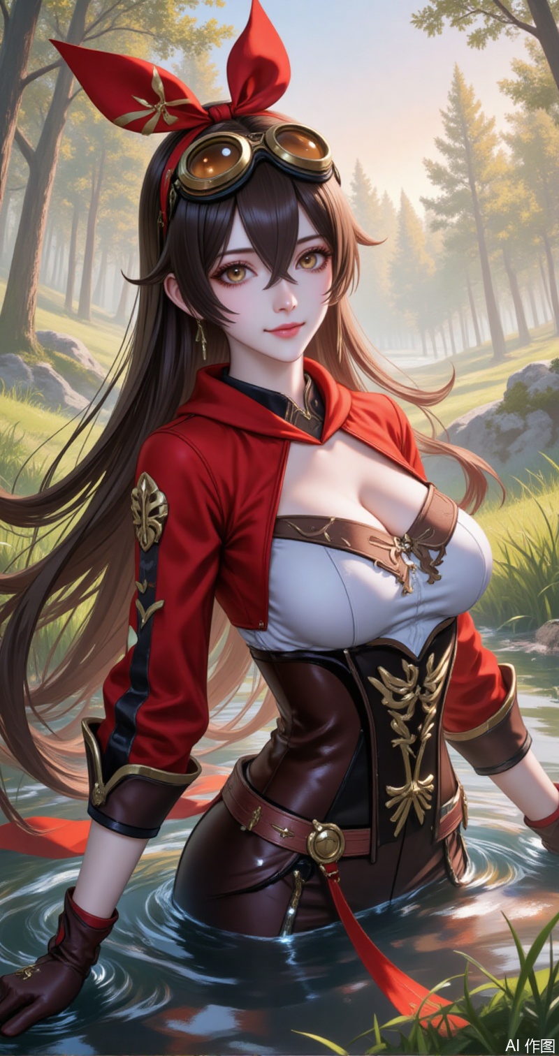 anbo,1girl,amber \(genshin impact\),breasts,goggles,solo,long hair,cleavage,brown hair,gloves,smile,looking at viewer,goggles on head,outdoors,partially submerged,brown gloves,hair between eyes,medium breasts,red ribbon,crossed bangs,grass,nature,ribbon,day,closed mouth,hair ribbon,water,brown eyes,long sleeves,forest,dutch angle,yellow eyes,shrug \(clothing\),hairband,9,cover,simple,background,gradient_background,Close-up details,outstanding style,adding a touch of dimension to your images without compromising details,close-up,guoman,lvjing