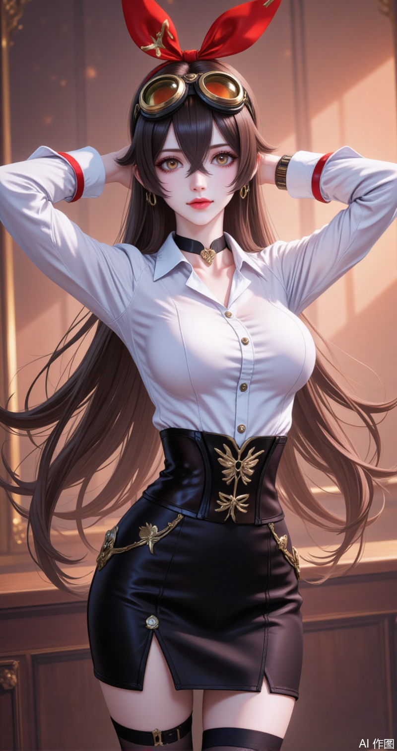 anbo,amber \(genshin impact\),goggles,long hair,brown hair,goggles on head,hair between eyes,medium breasts,red ribbon,crossed bangs,ribbon,hair ribbon,brown eyes,yellow eyes,hairband,
1girl,solo,shirt,pencil skirt,skirt,white shirt,black skirt,looking at viewer,collared shirt,collar,thighhighs,long sleeves,arms up,arms behind head,choker,breasts,high-waist skirt,red lips,office lady,lips,standing,cowboy shot,indoors,buttons,black thighhighs,dress shirt,realistic,black choker,
cover,simple,background,gradient_background,Close-up details,outstanding style,adding a touch of dimension to your images without compromising details,close-up,guoman,lvjing