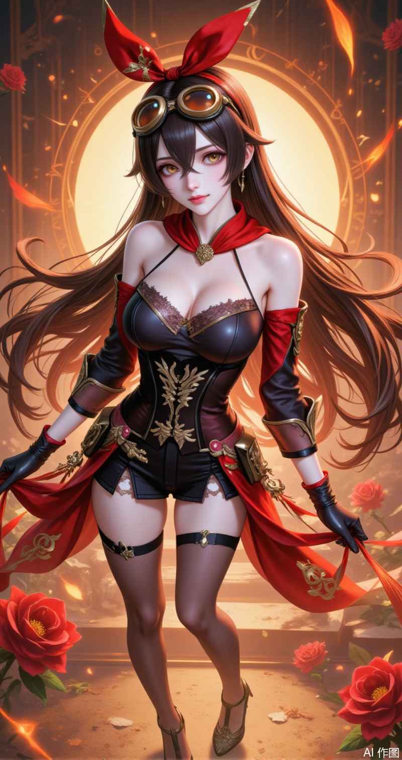 anbo,amber \(genshin impact\),goggles,long hair,brown hair,goggles on head,hair between eyes,medium breasts,red ribbon,crossed bangs,ribbon,hair ribbon,brown eyes,yellow eyes,hairband,
1girl,breasts,solo,dress,gloves,large breasts,black dress,elbow gloves,chinese clothes,black footwear,flower,bare shoulders,china dress,looking at viewer,official alternate costume,hair flower,high heels,standing,hair ornament,pelvic curtain,bodystocking,black gloves,cleavage,see-through,mole,lace-trimmed gloves,
cover,simple,background,gradient_background,Close-up details,outstanding style,adding a touch of dimension to your images without compromising details,close-up,guoman,lvjing
