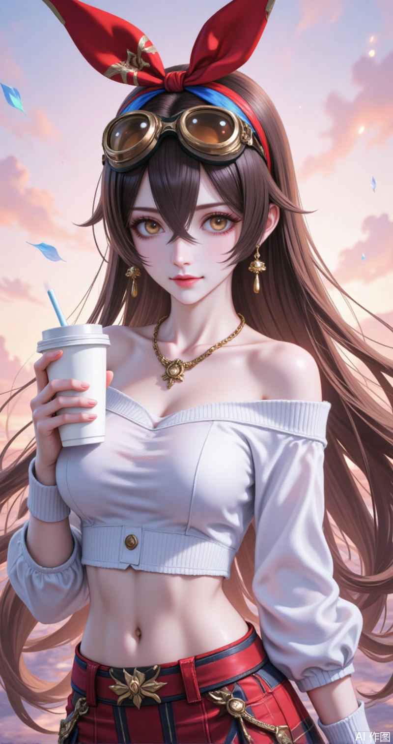 anbo,amber \(genshin impact\),goggles,long hair,brown hair,goggles on head,hair between eyes,medium breasts,red ribbon,crossed bangs,ribbon,hair ribbon,brown eyes,yellow eyes,hairband,
1girl,skirt,plaid skirt,realistic,solo,plaid,cup,blurry background,blurry,looking at viewer,holding,disposable cup,holding cup,hairband,sweater,necklace,crop top,blue hairband,midriff,shirt,jewelry,white sweater,off shoulder,white shirt,
cover,simple,background,gradient_background,Close-up details,outstanding style,adding a touch of dimension to your images without compromising details,close-up,guoman,lvjing