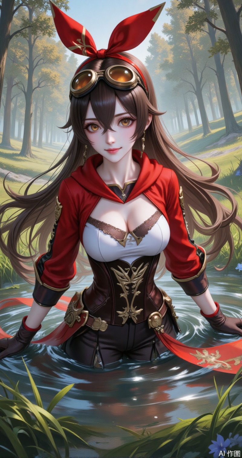 anbo,1girl,amber \(genshin impact\),breasts,goggles,solo,long hair,cleavage,brown hair,gloves,smile,looking at viewer,goggles on head,outdoors,partially submerged,brown gloves,hair between eyes,medium breasts,red ribbon,crossed bangs,grass,nature,ribbon,day,closed mouth,hair ribbon,water,brown eyes,long sleeves,forest,dutch angle,yellow eyes,shrug \(clothing\),hairband,9,cover,simple,background,gradient_background,Close-up details,outstanding style,adding a touch of dimension to your images without compromising details,close-up,guoman,lvjing
