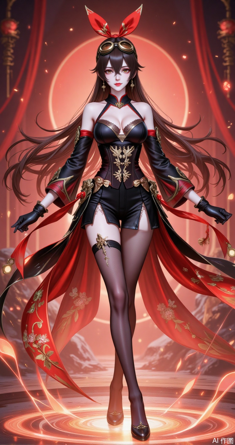anbo,amber \(genshin impact\),goggles,long hair,brown hair,goggles on head,hair between eyes,medium breasts,red ribbon,crossed bangs,ribbon,hair ribbon,brown eyes,yellow eyes,hairband,
1girl,breasts,solo,dress,gloves,large breasts,black dress,elbow gloves,chinese clothes,black footwear,flower,bare shoulders,china dress,looking at viewer,official alternate costume,hair flower,high heels,standing,hair ornament,pelvic curtain,bodystocking,black gloves,cleavage,see-through,mole,lace-trimmed gloves,
cover,simple,background,gradient_background,Close-up details,outstanding style,adding a touch of dimension to your images without compromising details,close-up,guoman,lvjing