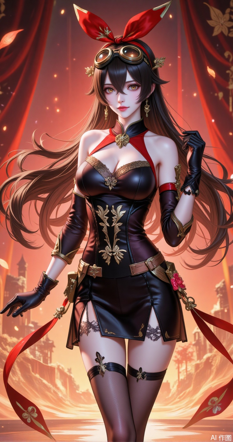 anbo,amber \(genshin impact\),goggles,long hair,brown hair,goggles on head,hair between eyes,medium breasts,red ribbon,crossed bangs,ribbon,hair ribbon,brown eyes,yellow eyes,hairband,
1girl,breasts,solo,dress,gloves,large breasts,black dress,elbow gloves,chinese clothes,black footwear,flower,bare shoulders,china dress,looking at viewer,official alternate costume,hair flower,high heels,standing,hair ornament,pelvic curtain,bodystocking,black gloves,cleavage,see-through,mole,lace-trimmed gloves,
cover,simple,background,gradient_background,Close-up details,outstanding style,adding a touch of dimension to your images without compromising details,close-up,guoman,lvjing