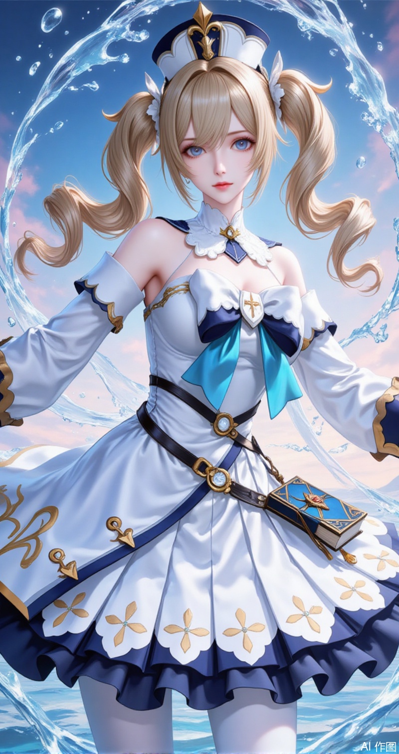 babala,1girl,barbara \(genshin impact\),solo,dress,twintails,blonde hair,blue eyes,white dress,pantyhose,looking at viewer,white pantyhose,water,detached sleeves,bare shoulders,long sleeves,bow,white headwear,hat,long hair,parted lips,drill hair,twin drills,frills,frilled dress,bowtie,cross,breasts,hair between eyes,vision \(genshin impact\),white sleeves,sky,book,latin cross,detached collar,hair ornament,6,
cover,simple,background,gradient_background,Close-up details,outstanding style,adding a touch of dimension to your images without compromising details,close-up,guoman,lvjing