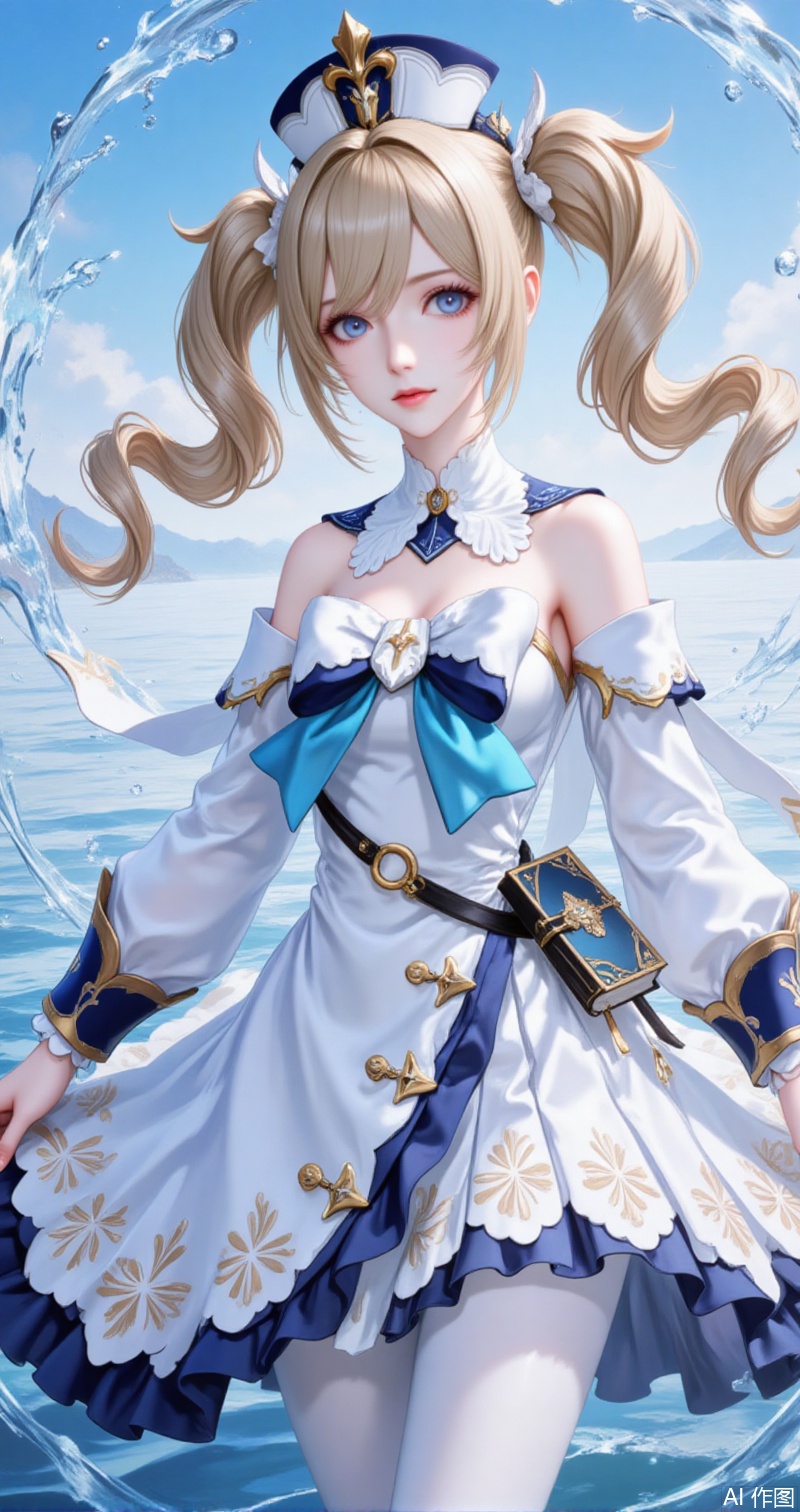 babala,1girl,barbara \(genshin impact\),solo,dress,twintails,blonde hair,blue eyes,white dress,pantyhose,looking at viewer,white pantyhose,water,detached sleeves,bare shoulders,long sleeves,bow,white headwear,hat,long hair,parted lips,drill hair,twin drills,frills,frilled dress,bowtie,cross,breasts,hair between eyes,vision \(genshin impact\),white sleeves,sky,book,latin cross,detached collar,hair ornament,6,
cover,simple,background,gradient_background,Close-up details,outstanding style,adding a touch of dimension to your images without compromising details,close-up,guoman,lvjing